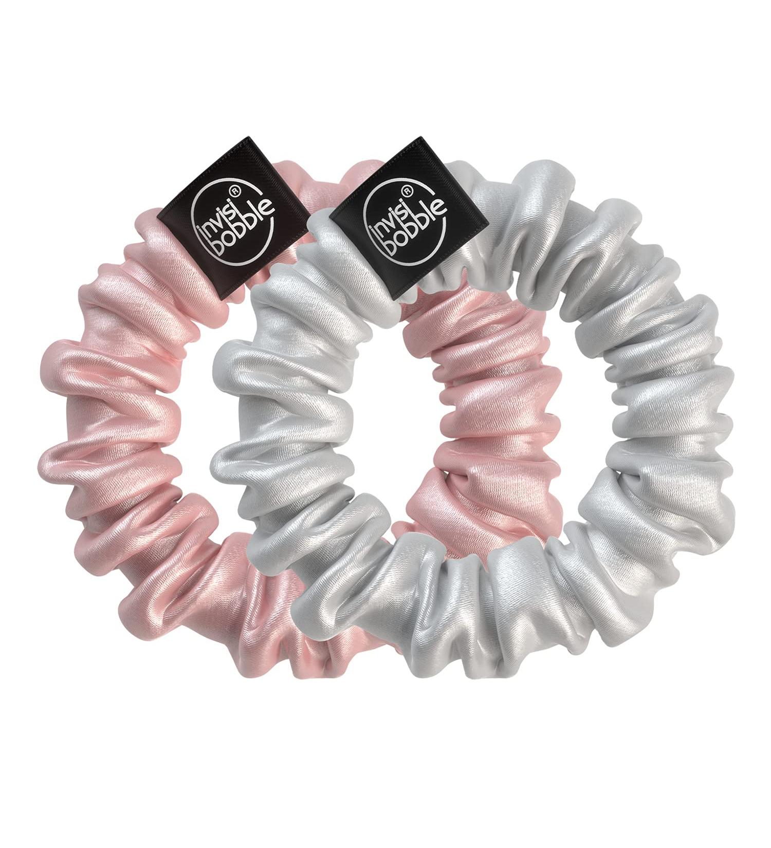 Invisibobble Pink & Silver Satin Hair Scrunchies x2 - Sprunchie Slim | Spiral Elastic Scrunchie - Buy Online on GoSupps.com