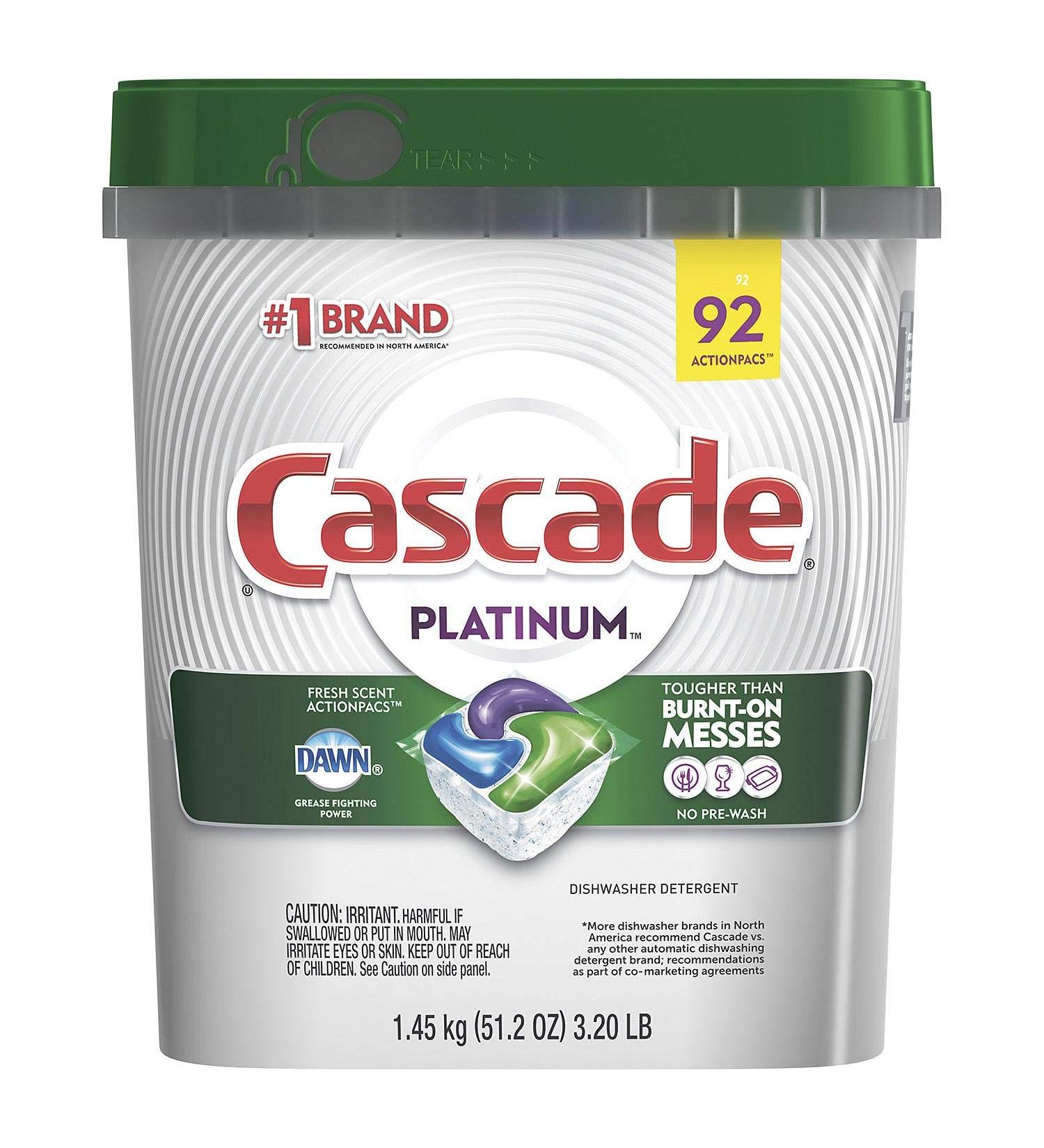 Cascade Platinum Dishwasher Detergent, 16x Strength With Dawn Grease Fighting Power, Fresh Scent (92 Count) 92 Count (Pack of 1) Fresh Scent