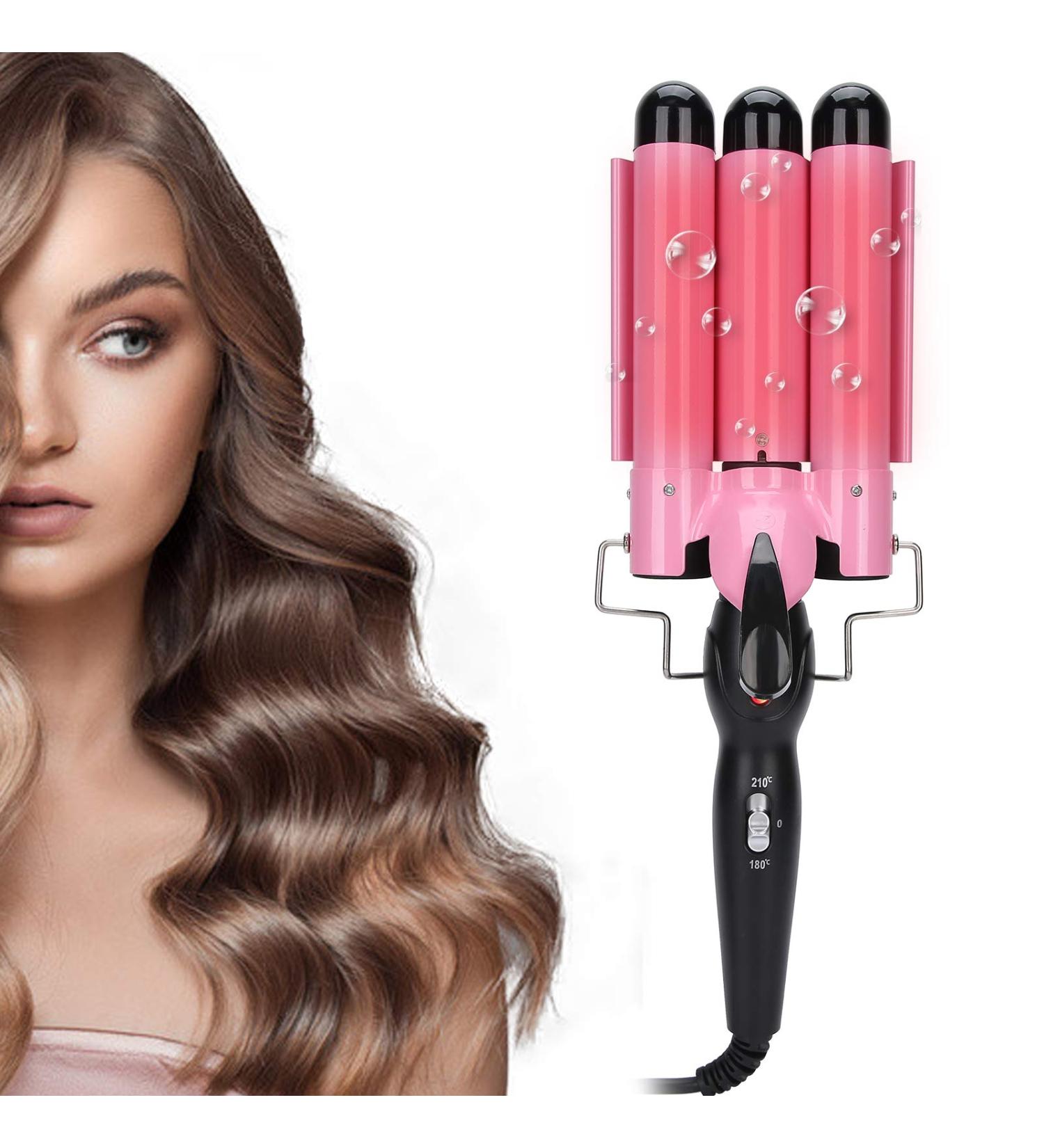 3 Barrel Curling Iron Wand - Adjustable Temperature Ceramic Hair Curler & Waver - 22mm Pink - International Shipping - Buy Online on GoSupps.com