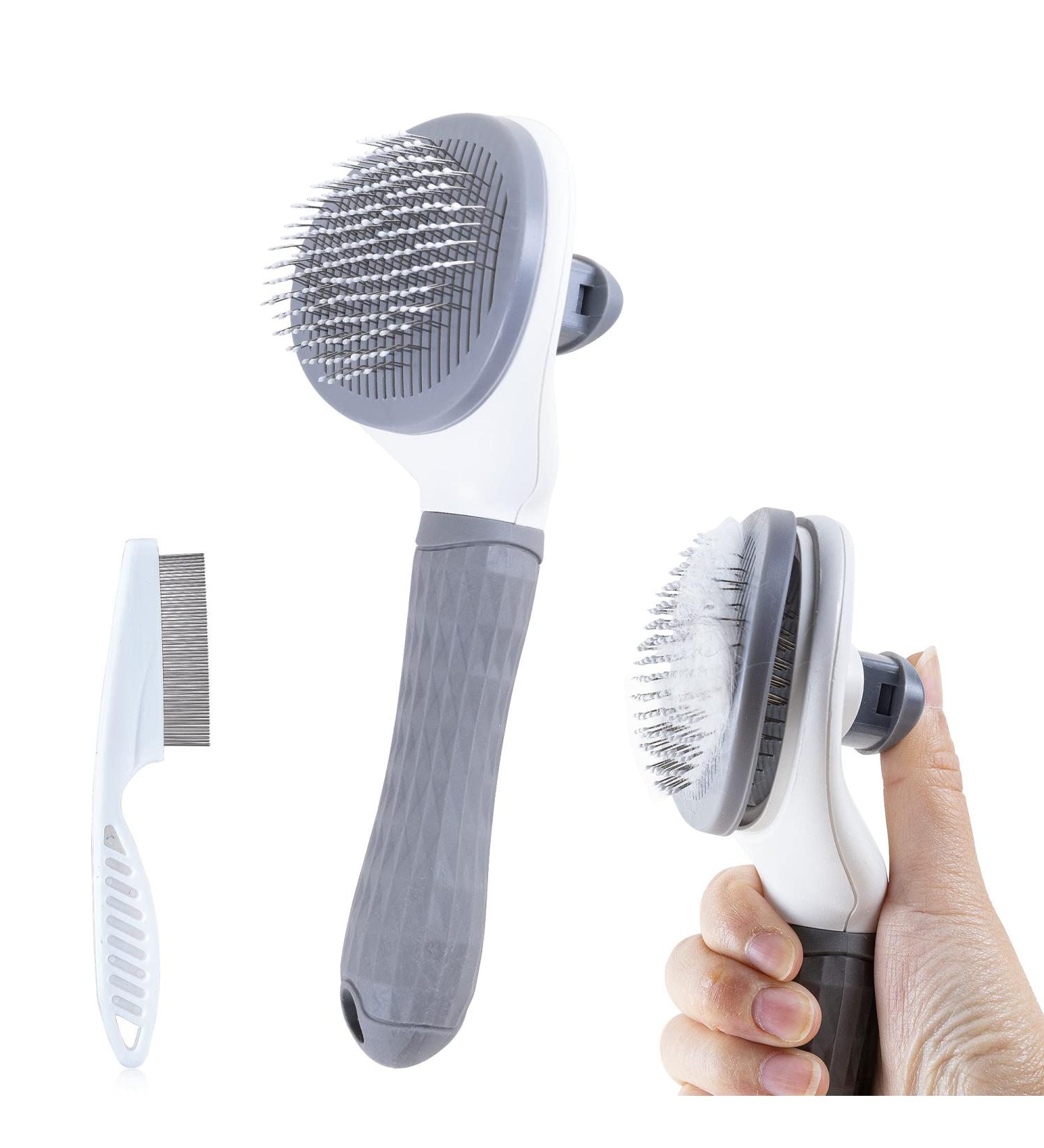 IMAAL Cat Brush with Flea Comb - Self Cleaning Slicker Dog Brush - Pet Grooming Tool with Release Button - Gray - Buy Online on GoSupps.com