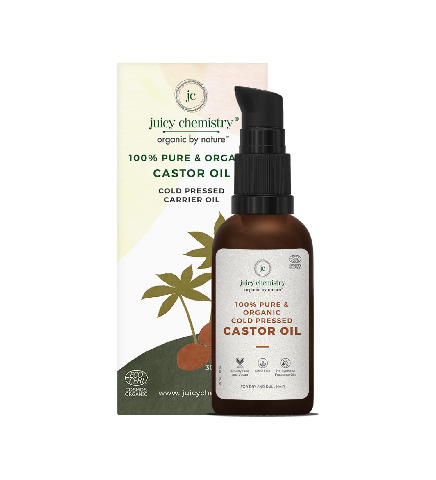 Juicy Chemistry Certified Organic Castor Oil - 100% Natural Carrier Oil for Radiant Skin & Hair Conditioning (30ml) - International Shipping Available - Buy Online on GoSupps.com