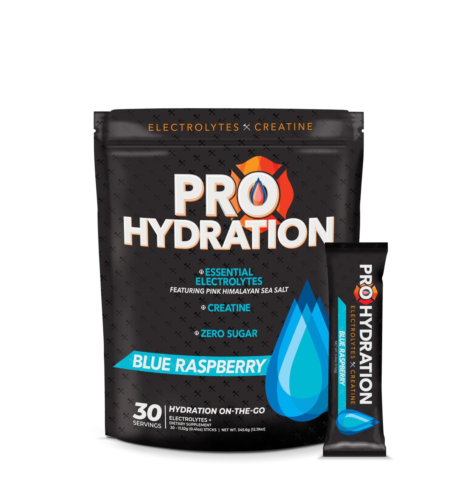 ProHydration - Creatine Electrolyte Packets - Sugar Free Electrolytes - 5g Creatine Monohydrate Powder- Blue Raspberry - 30 Stick Pack - Buy Online on GoSupps.com