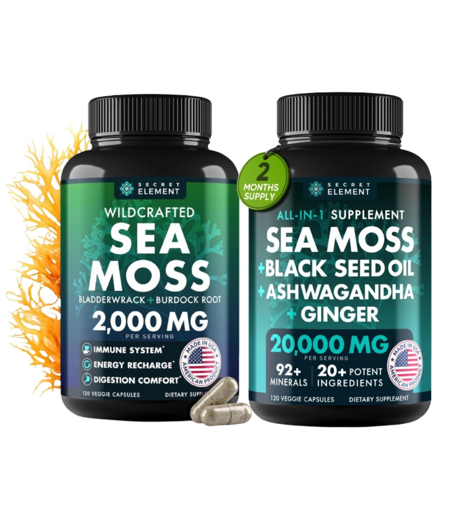 Sea Moss Bundle Wildcrafted Irish Sea Moss Capsules with Burdock Root Bladderwrack Muira Puama + Seamoss Black Seed Oil Ashwagandha & Ginger 240 Vegan Capsules - Buy Online on GoSupps.com