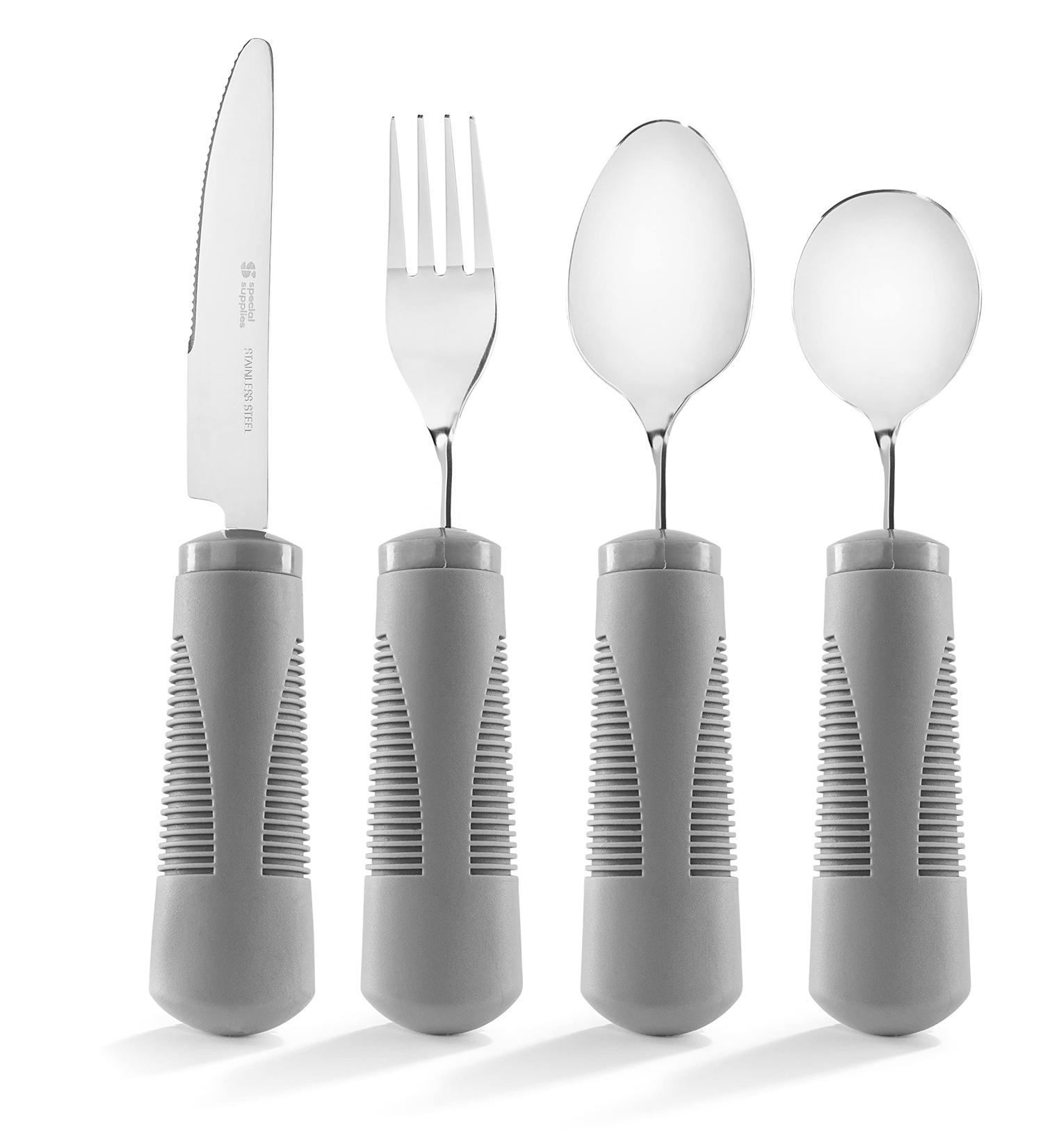 Special Supplies Adaptive Utensils (4-Piece Set) - Weighted Non-Slip Handles for Hand Tremors, Arthritis, Elderly use - Stainless Steel Knife, Fork, Spoons - Gray - Buy Online on GoSupps.com