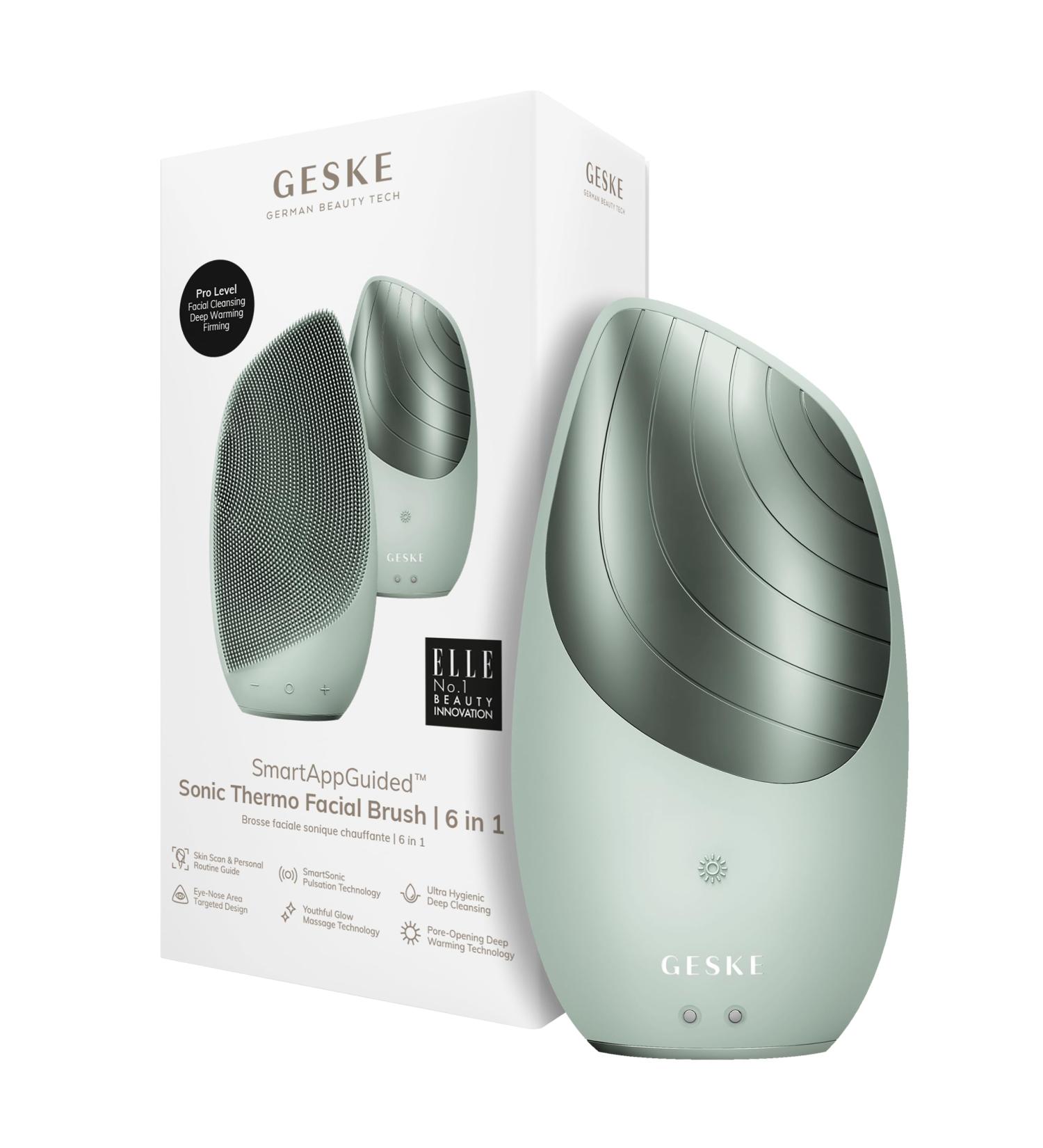 Geske SmartAppguided Sonic Thermo Facial Brush - 6-in-1 Skin Cleaning & Massage Device | Heat Function | Green Electrical Facial Cleaning Brush - Buy Online on GoSupps.com