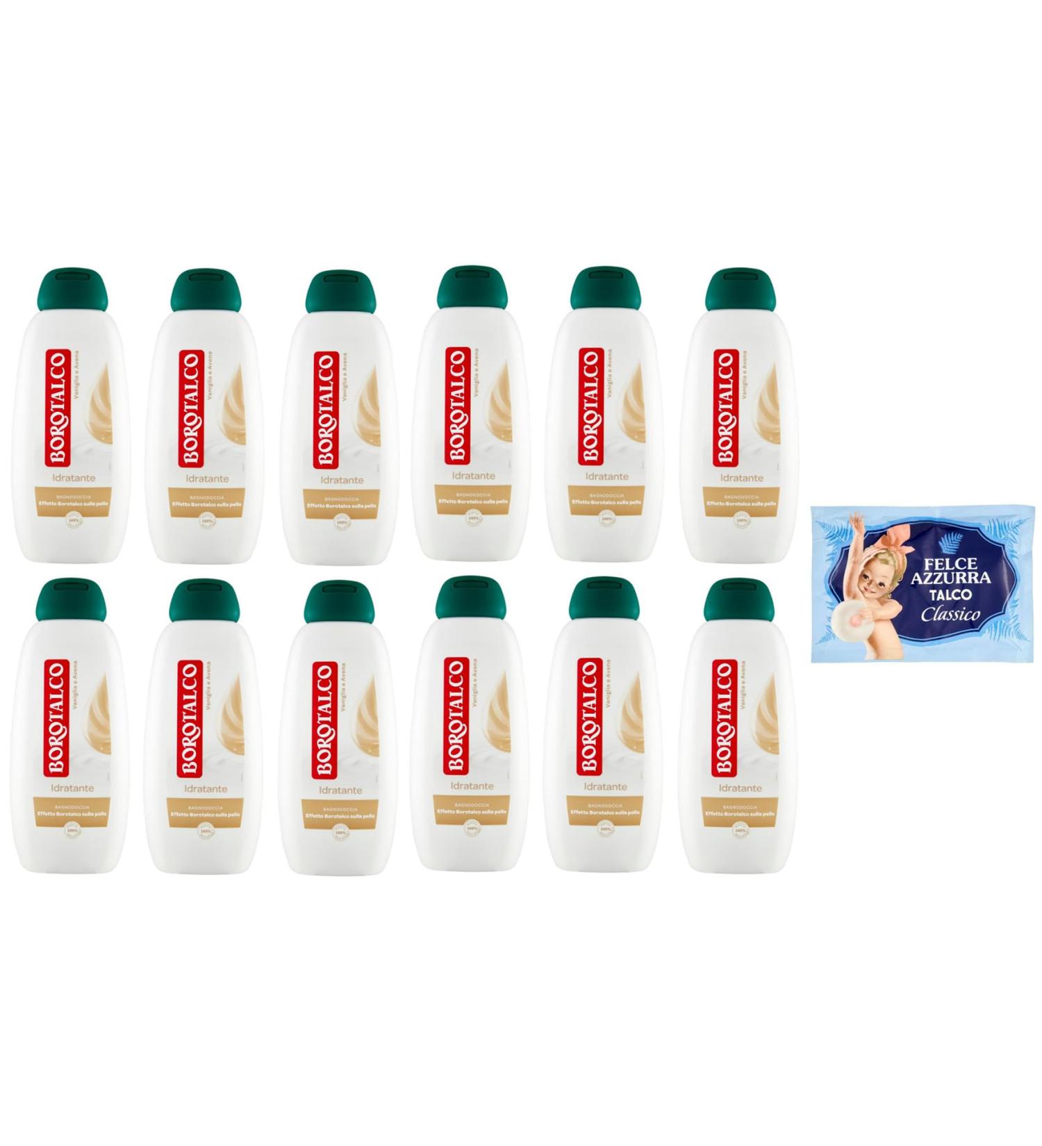 Felce Azzurra Borotalco Moisturizer Bagnodoccia Vanilla and Oat Set of 12 shower gels scented with vanilla and oat 450 ml + 1 pack of talcum Ferce Azzurra bag of 100 g - Buy Online on GoSupps.com