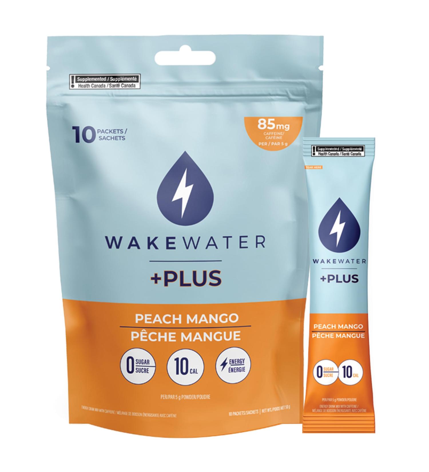 WakeWater Plus Energy Powder | Peach Mango 10 x 5g sticks | Vitamins and Electrolytes | Natural Green Tea Caffeine | No Sugar or Artificial Sweetener - Buy Online on GoSupps.com