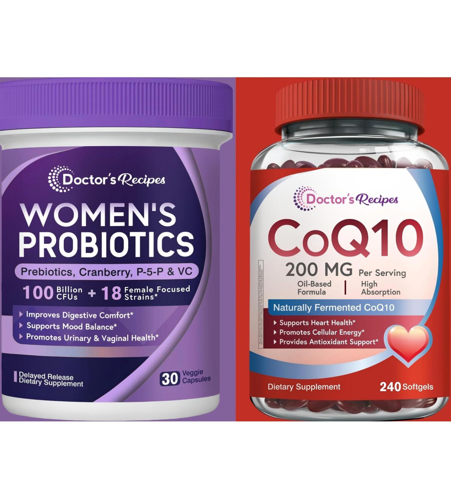 Doctor's Recipes CoQ10 200mg 240 Softgels & Women's Probiotics 100B 30 Vegan Capsules Heart & Vascular Health Vaginal & Urinary Tract Digestive Health - Buy Online on GoSupps.com