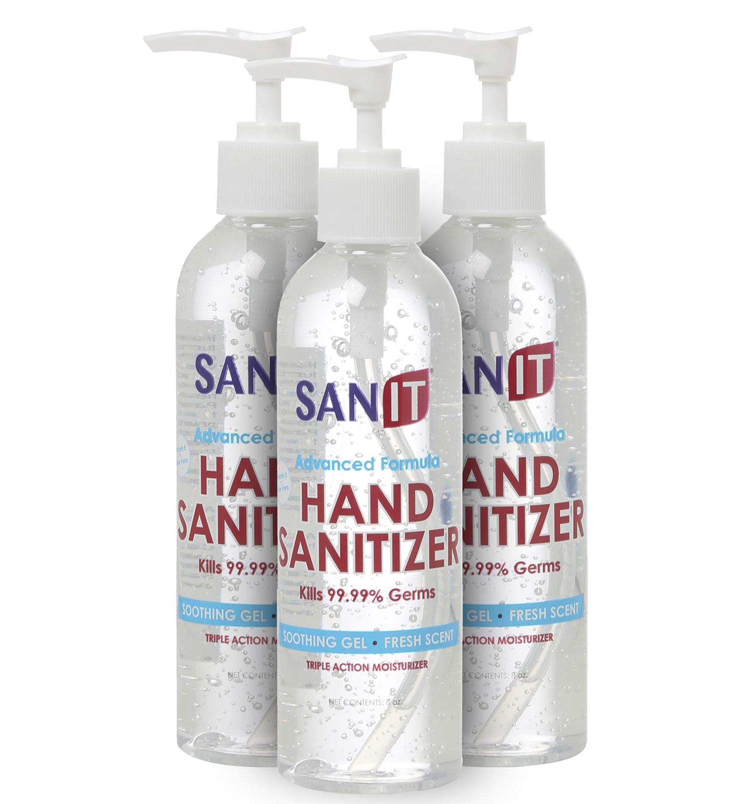 Sanit Moisturizing Hand Sanitizer Gel - 70% Alcohol - Kills 99.99% Germs - Vitamin E & Aloe Vera - 8 oz - 3 Pack - Made in USA - Fresh Scent - Buy Online on GoSupps.com