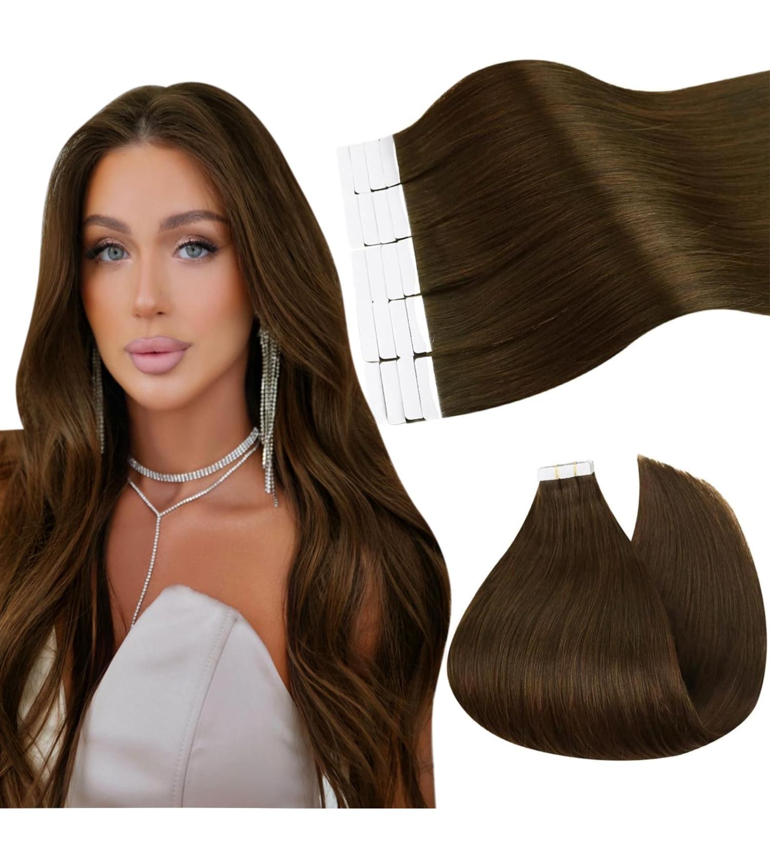 Ugeat Chocolate Brown Tape Extensions - Real Hair 55cm 20 Pieces 50g - Smooth Dark Brown #4 - Buy Online on GoSupps.com