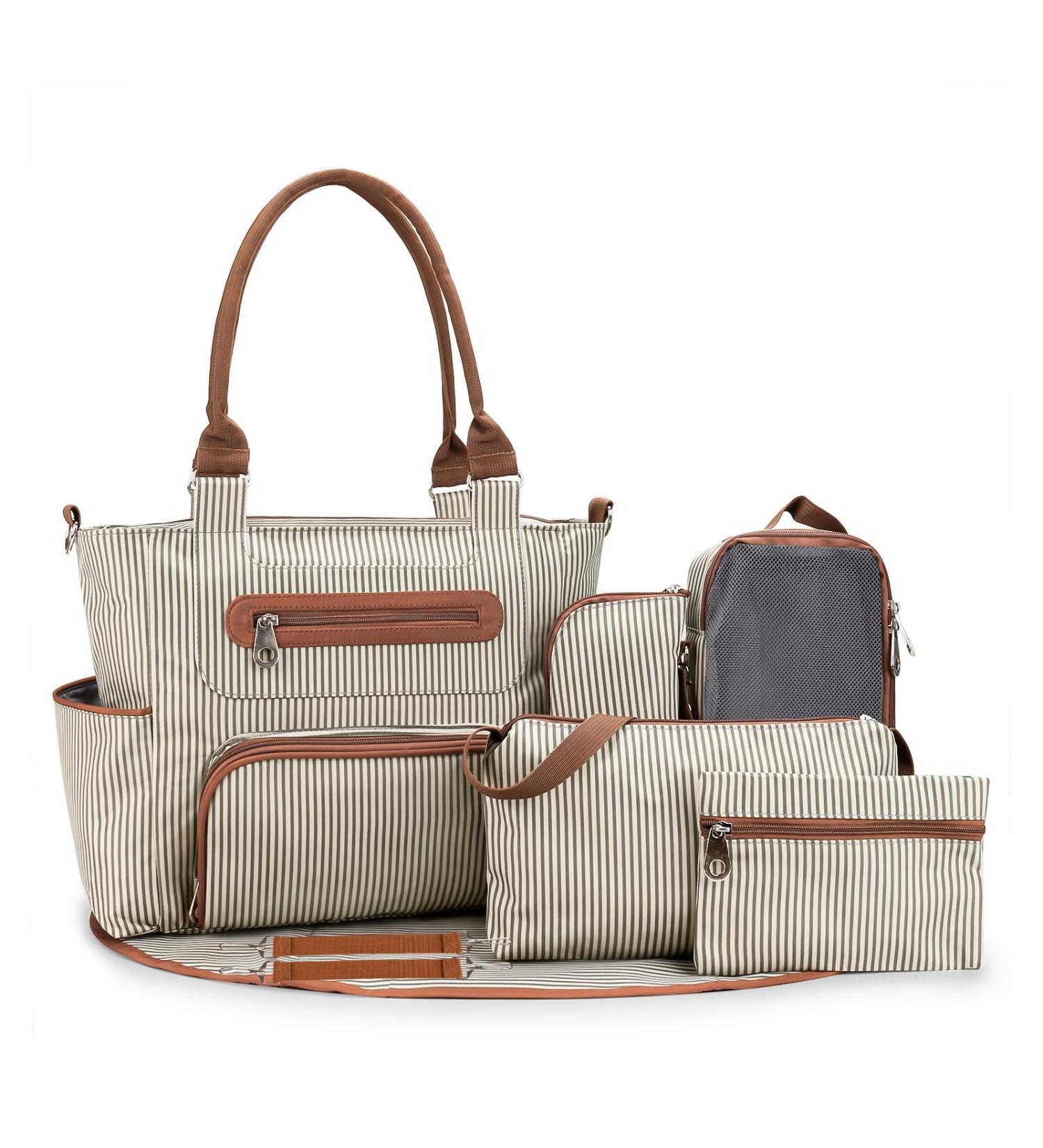 SONARIN 7pcs Nappy Changing Bag Set Multifunction Mummy Tote Bag Baby Changing Bag Shoulder Handbag Travel Diaper Bag with Bottle Bag Changing Mat and Stroller Straps white stripped(Khaki) - Buy Online on GoSupps.com