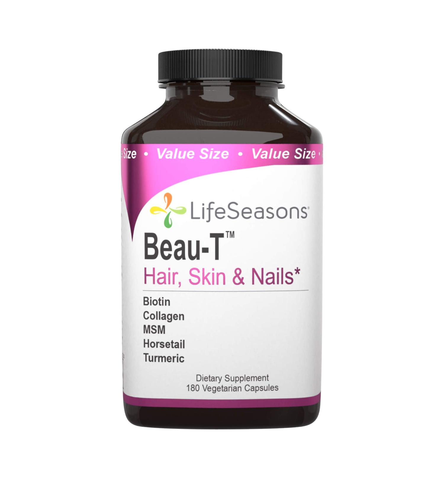 LifeSeasons Beau-T Hair Nail & Skin Supplement - Promotes Healthy Hair Growth, Strong Nails & Clear Skin - With Biotin, Collagen & Turmeric - 180 Capsules - Buy Online on GoSupps.com
