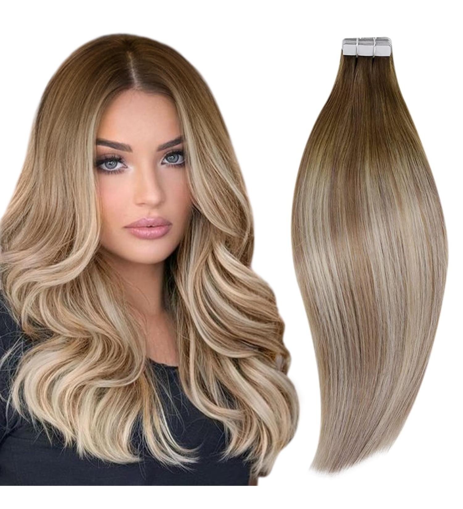 RUNATURE Blonde Ombre Tape in Hair Extensions | Long 24 Inch Human Hair | Balayage 1-Tape | 50g - #3/8/22 - Buy Online on GoSupps.com