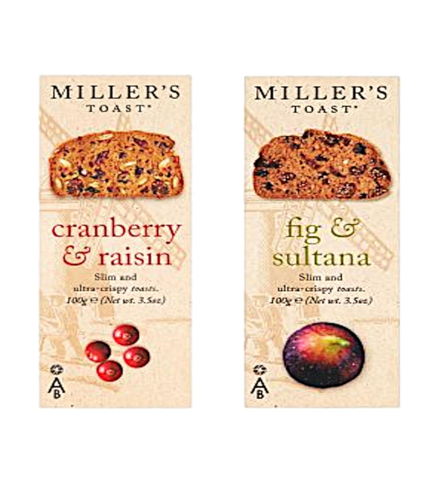 Artisan Cheese Biscuit Variety 2 Pack - Contains Millers Toast Cranberry & Raisin Fig & Sultana (2 x 100g) Thin and Crispy Fruit Toasts - Buy Online on GoSupps.com