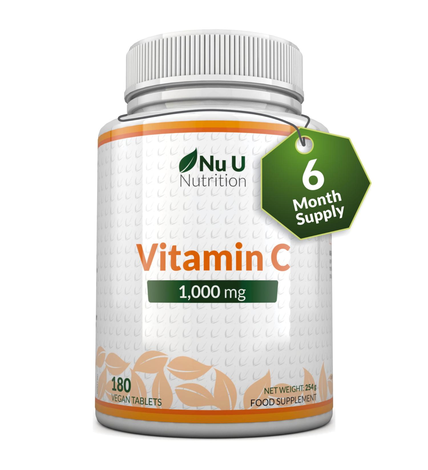 Vitamin C 1000mg - 180 Vegan Tablets - 6 Month Supply - High Strength Ascorbic Acid - Supports Immune System Energy & Collagen Formation - Nu U Nutrition - Buy Online on GoSupps.com