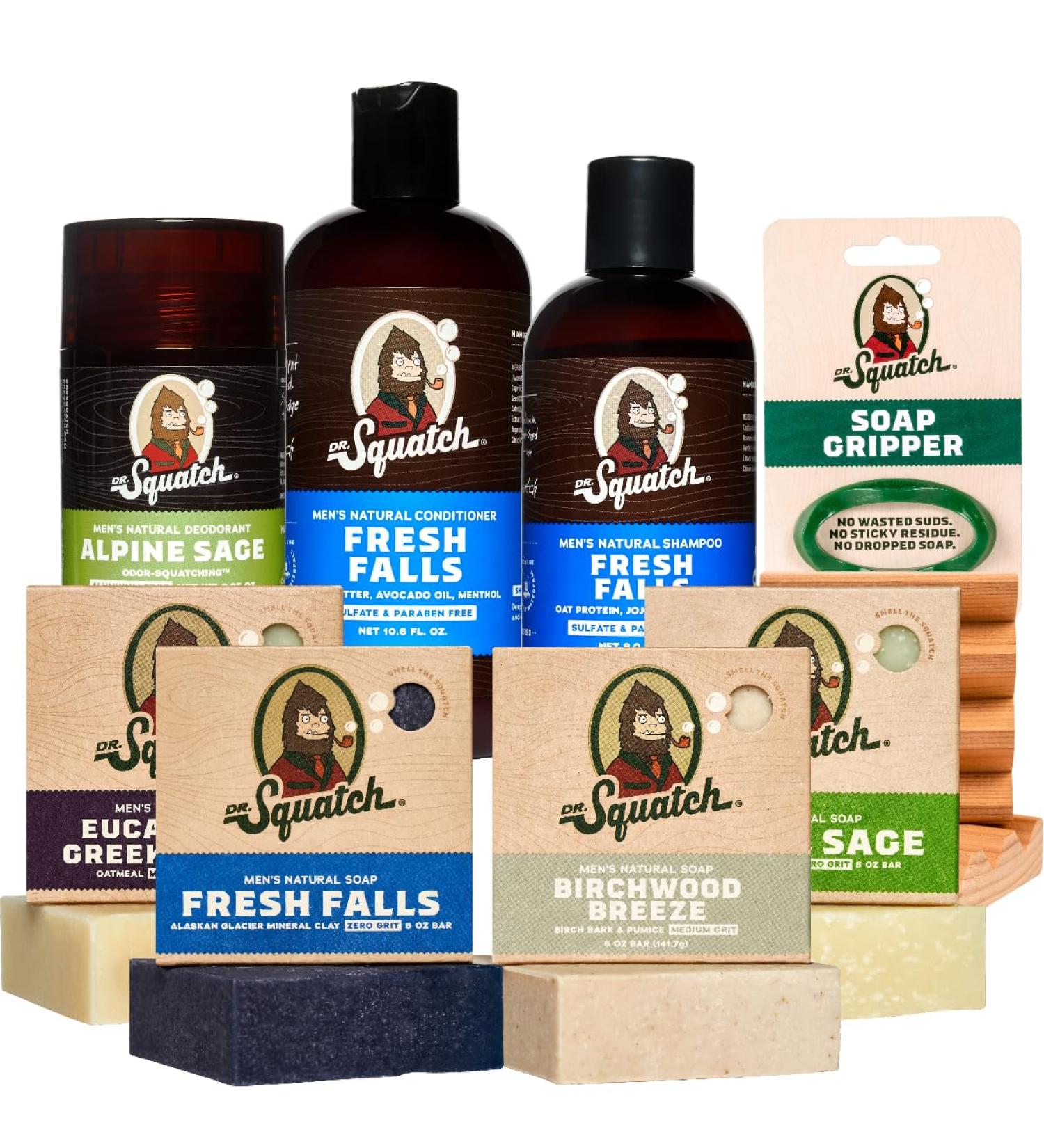 Dr. Squatch Men's Natural Grooming Set | Shampoo Conditioner Deodorant & Soap Gripper Fresh Falls Alpine Sage Birchwood Breeze Scents | Eco-Friendly Grooming Products - Buy Online on GoSupps.com
