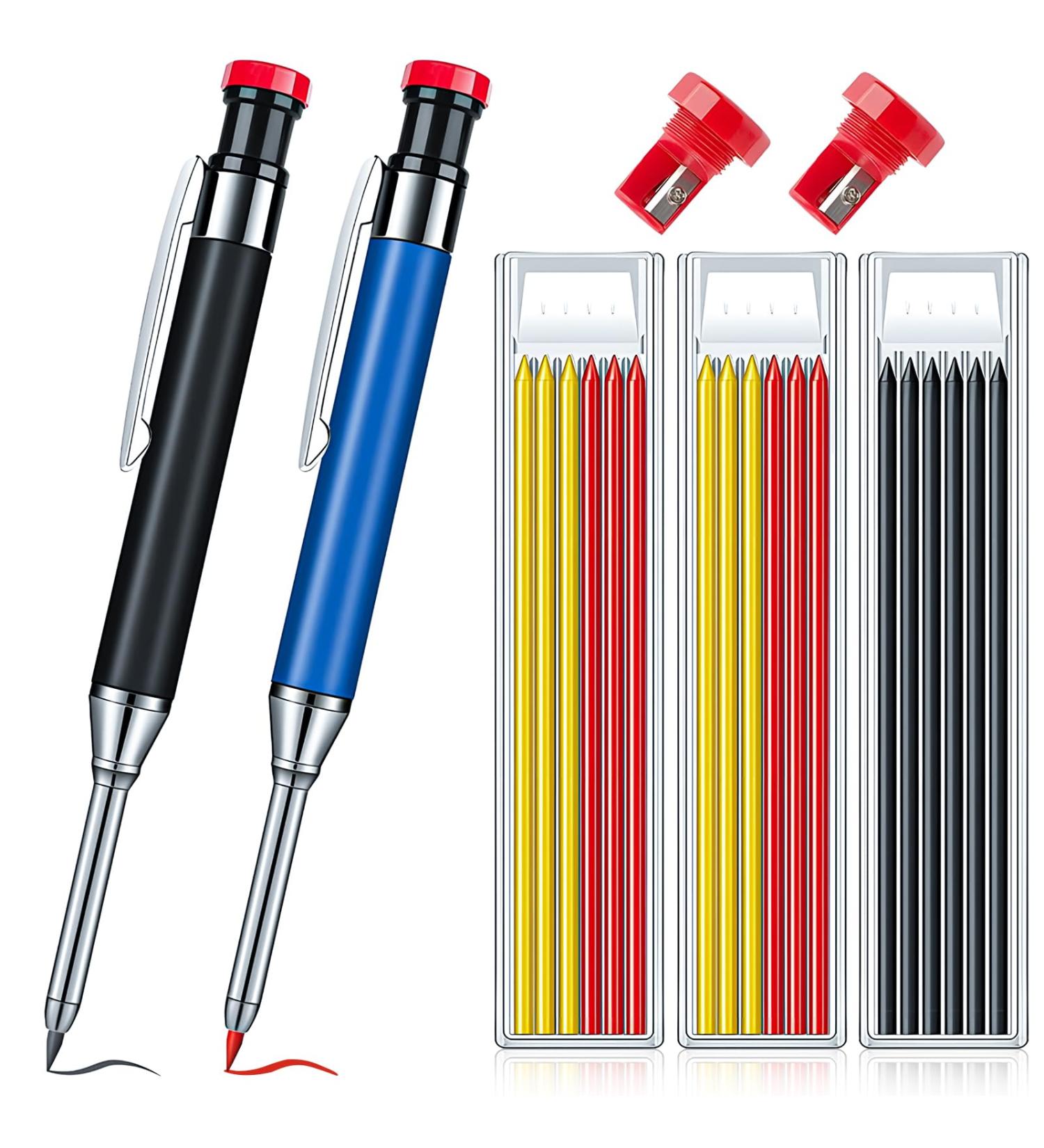 Yzzaoo Deep Hole Marker Pencil Set - 2 Carpenter Pencils with 18 Marker Mines for Wood Metal & Concrete (Black + Blue) - Ideal Borehole Markers - Buy Online on GoSupps.com