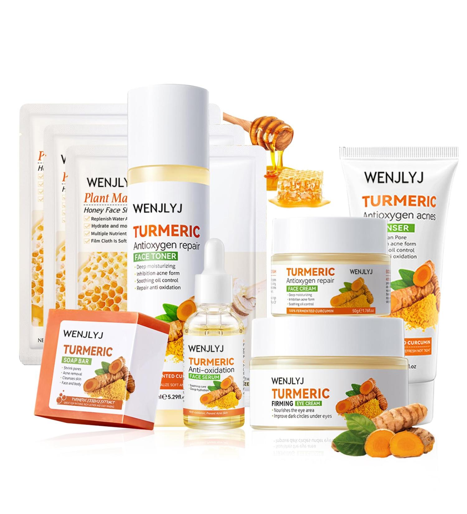 Turmeric Soap Skincare Set: 9PCS Hydrating Face Wash Toner Serum & Cream Gift for Women - Travel Size Honey Mask & Eye Cream - Buy Online on GoSupps.com