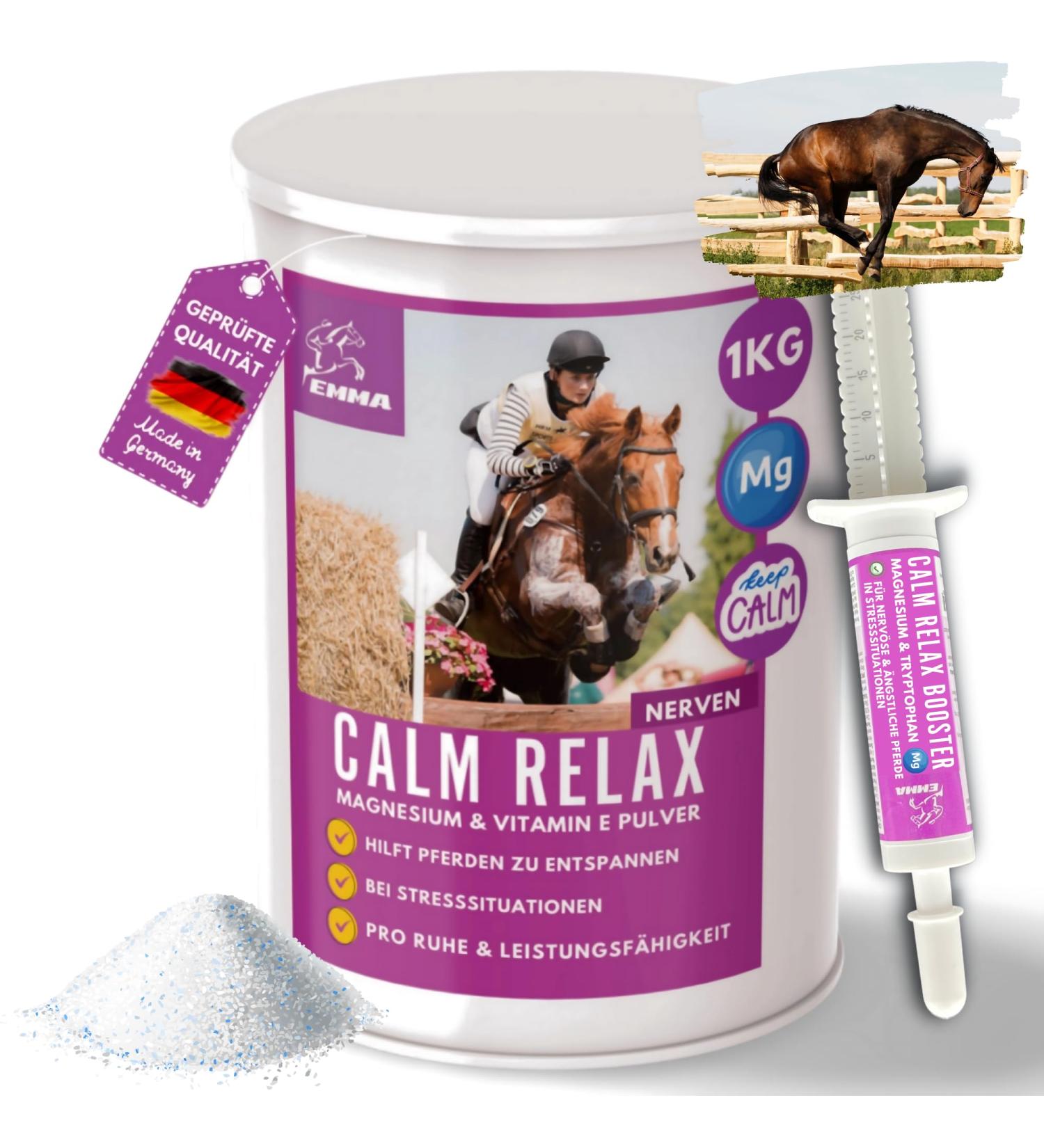 Magnesium Horse 1 kg 30 ml Calm Relax Powder + Booster with Magnesium Vitamin E I Against Anxiety & Stress I Anti Stress Soothing Nerves Nerves & Stress Reduction for Transport Nervous Horses - Buy Online on GoSupps.com