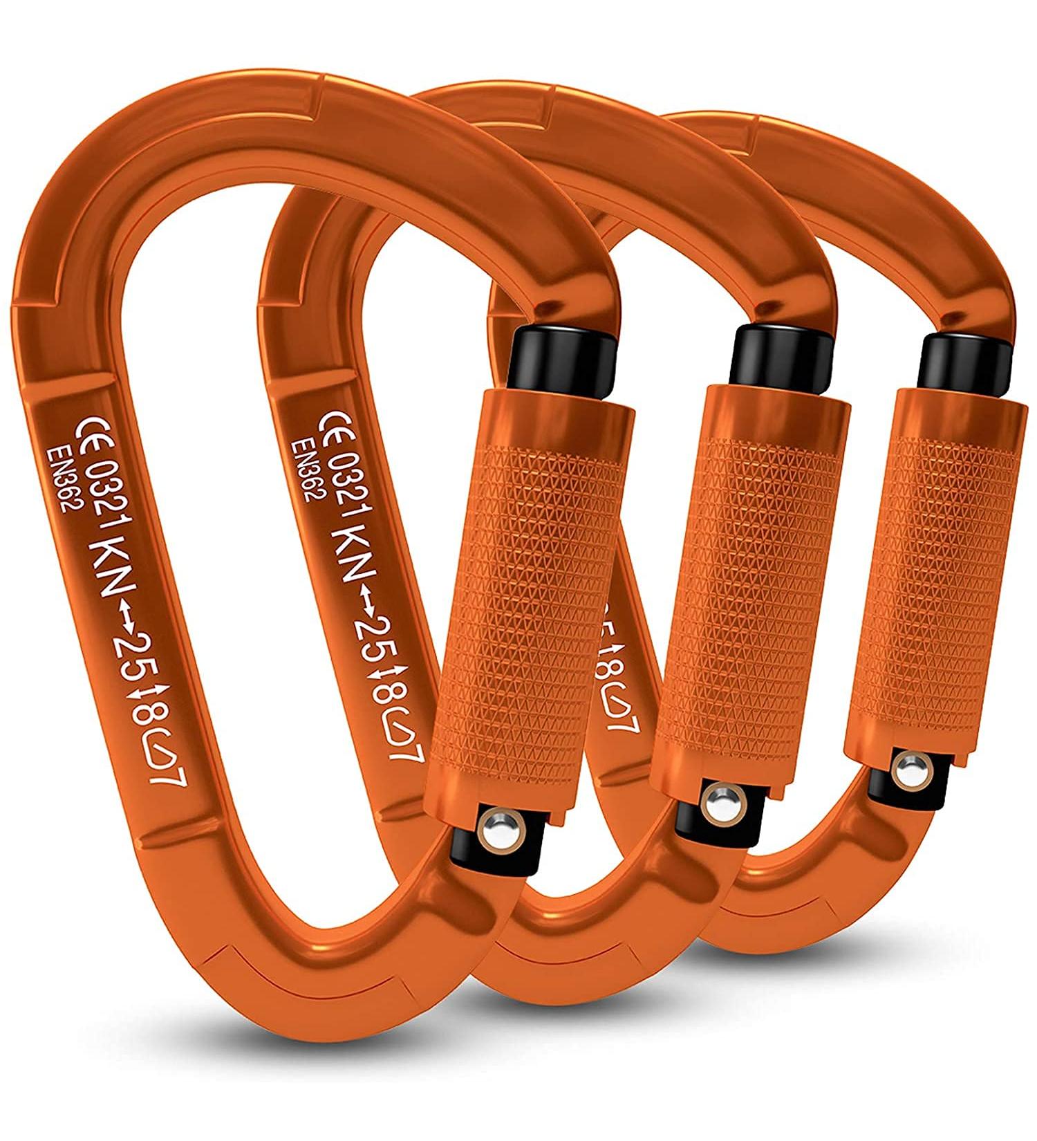 UIAA Certified 25KN Auto Locking Climbing Carabiner Clips - 3 Piece Set for Hammocks & Dogs - Durable Orange Climbing Equipment - Buy Online on GoSupps.com