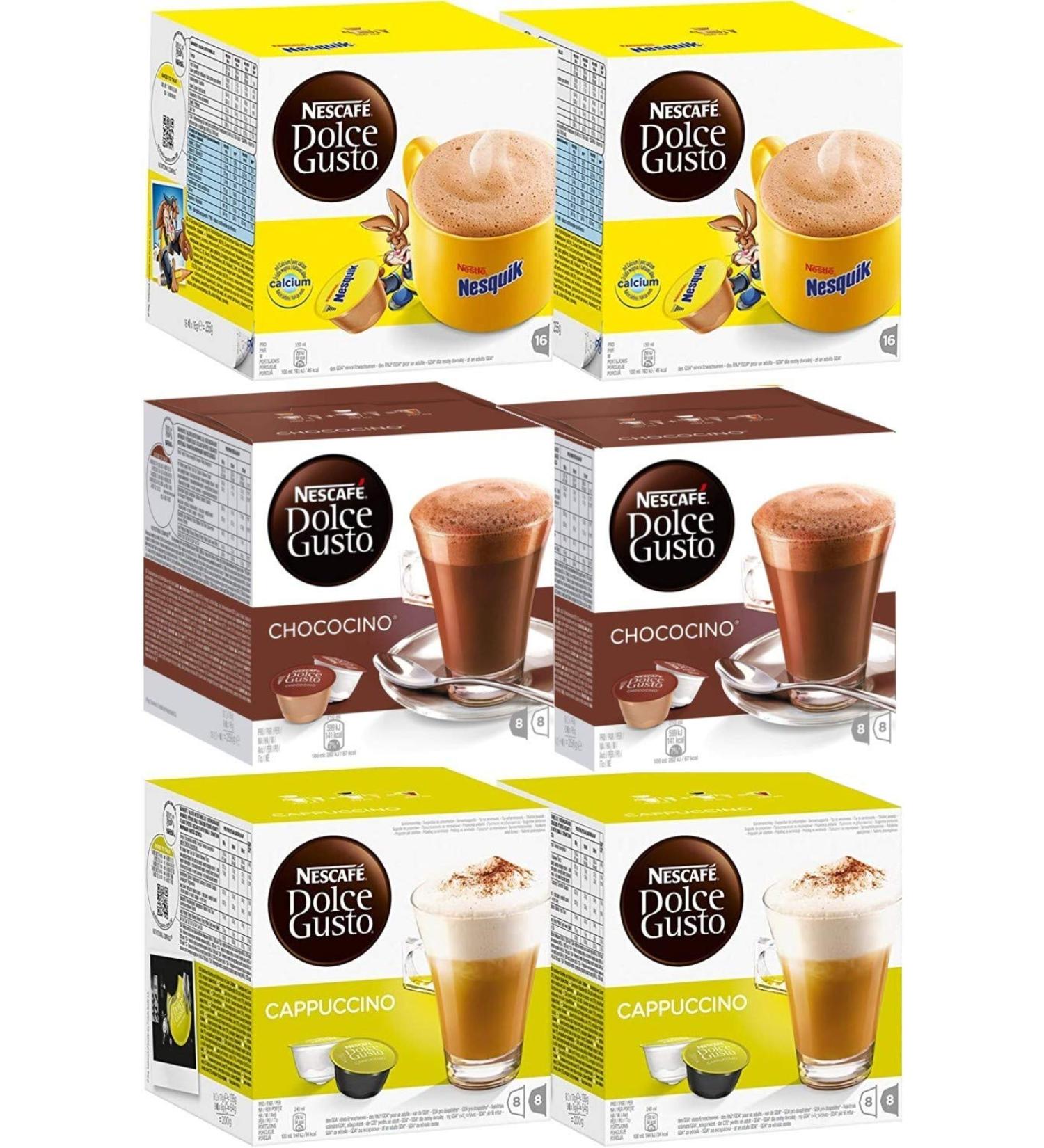 Nescaf Dolce Gusto Capsules Professional Quality Multi-Drink Family Pack (Chocolate Nesquik + Chococino + Cappuccino Pack Pack of 6 x 16 capsules) - Buy Online on GoSupps.com