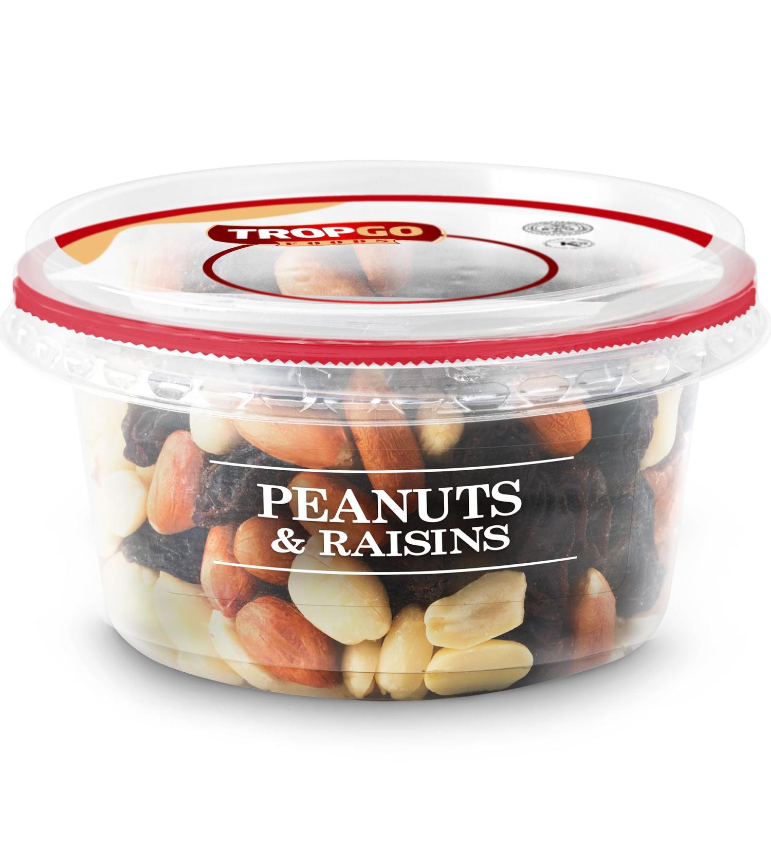 Tropgo Peanuts and Raisins 200g Tub - Peanuts and Dried Fruit in Resealable and Recyclable Tub - Wholesome Trail Mix with Fibre Protein and Essential Minerals - Healthy Nuts for All Ages - Buy Online on GoSupps.com