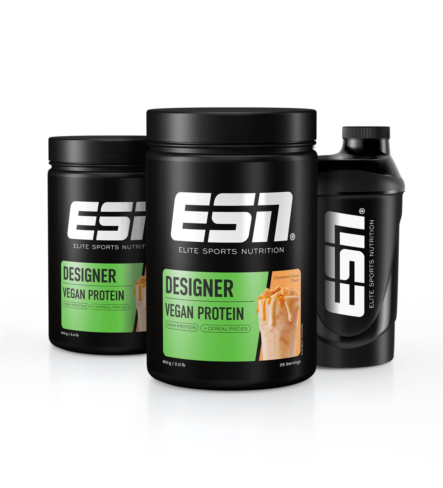 ESN Vegan Designer Protein Powder Cinnamon Cereal 2 x 910 g Can + Free Shaker - Muscle Building and Recovery Cinnamon Cereal 910 g (Package of 2) - Buy Online on GoSupps.com