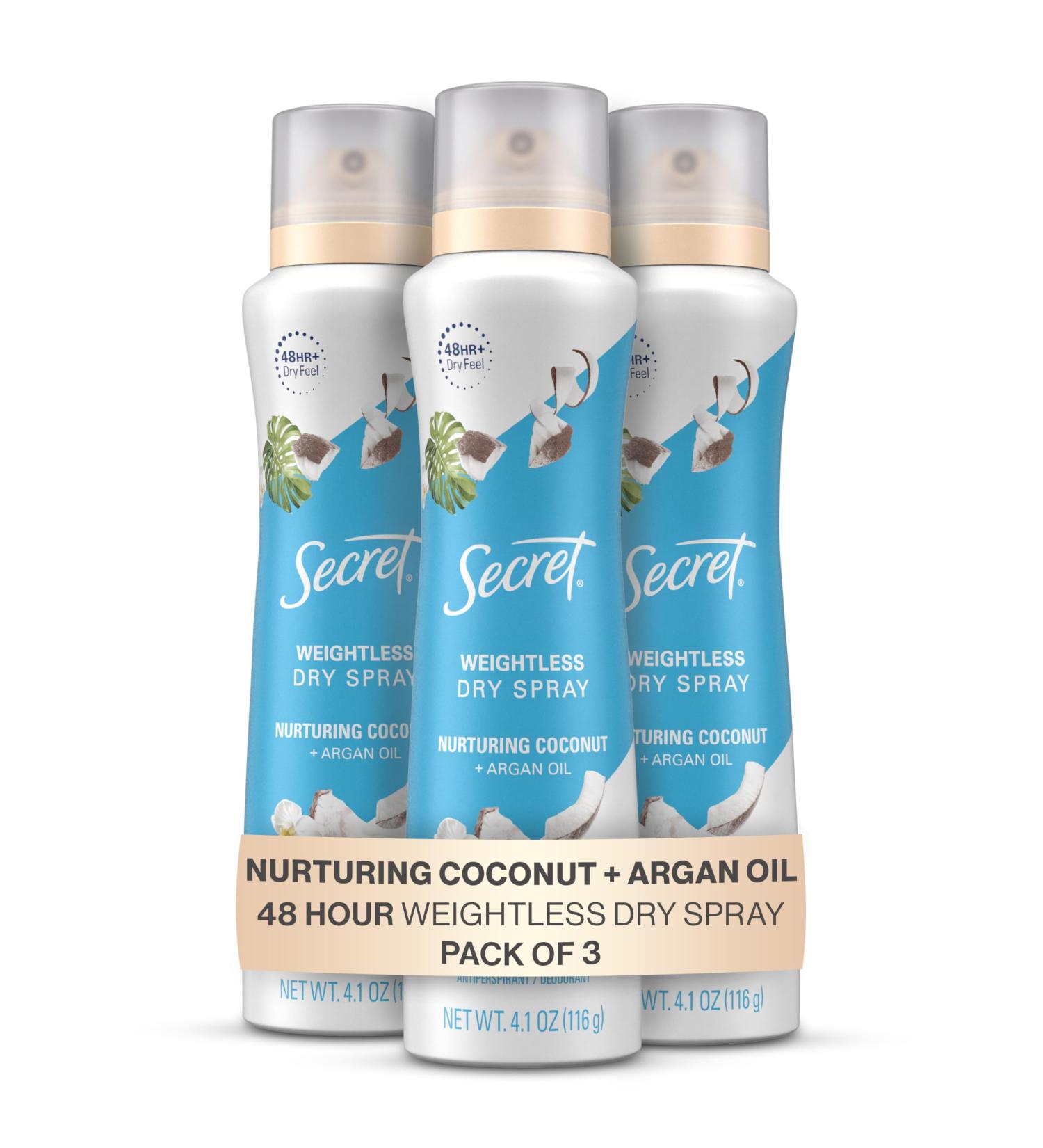 Secret Dry Spray Antiperspirant Deodorant Nurturing Coconut and Argan Oil 4.1 oz (Pack of 3) Nurturing Coconut & Argan Oil 4.1 Ounce (Pack of 3) - Buy Online on GoSupps.com