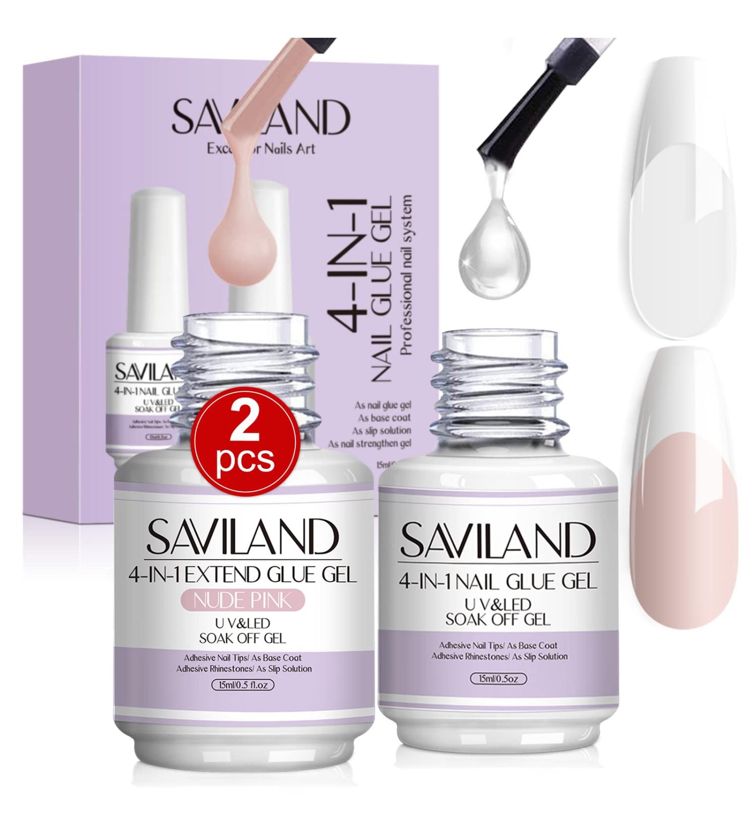 Saviland 15ML Nail Glue Gel Set - Clear & Nude Pink 4-in-1 for Press on Nails, Acrylic, UV Gels - Manicure Starter Set - Buy Online on GoSupps.com