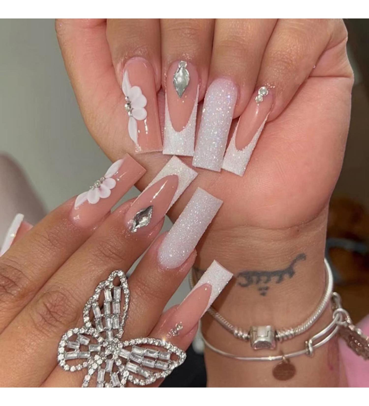 Justotry 24 Pcs Long Glitter Flower White French Press On Nails - Glossy Pink Ballerina Stick On Nails for Women - Acrylic Coffin Fake Nails with Glue - Nail Art Milly&Flower - Buy Online on GoSupps.com