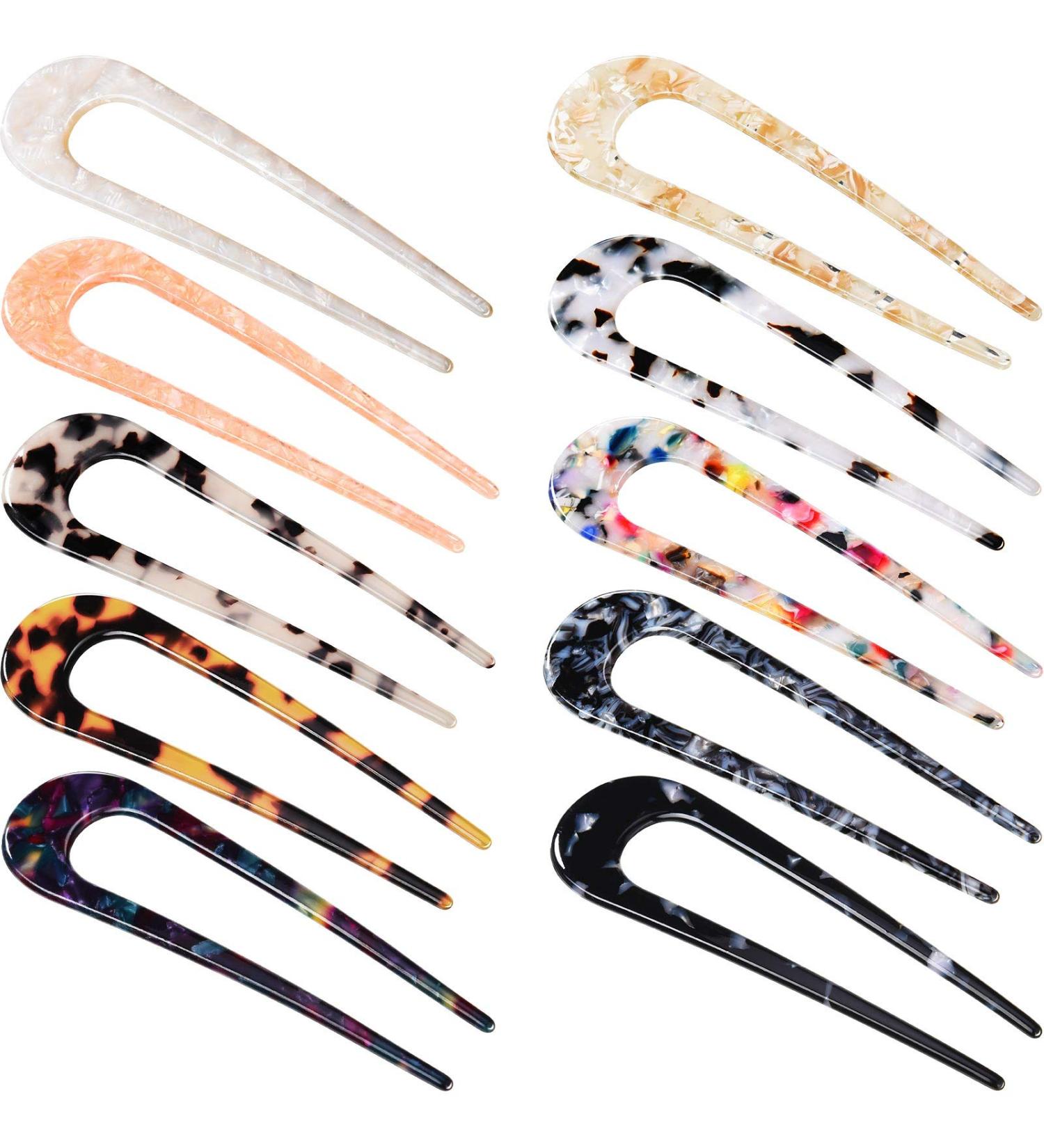 10 Pieces U Shaped Hairpin Set - Celluloid Acetate Tortoise Shell Hair Pins for Updo Hairstyles - Buy Online on GoSupps.com
