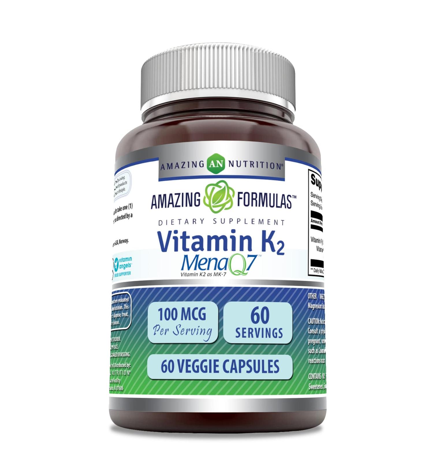 Amazing Formulas Vitamin K2 MK7 Supplement | 100 mcg Vegan Capsules | Non-GMO & Gluten-Free | USA Made | 60 Count Pack - Buy Online on GoSupps.com