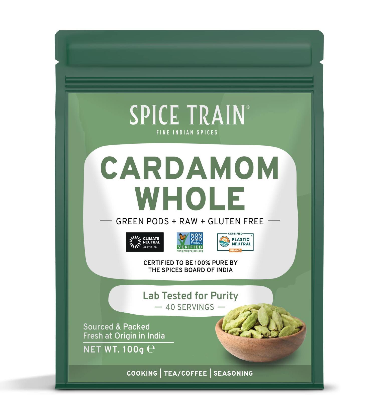 SPICE TRAIN Cardamom Pods (100g/3.53oz) - Large Green Elachi | Raw Indian Spice in Ziplock Pouch - Buy Online on GoSupps.com