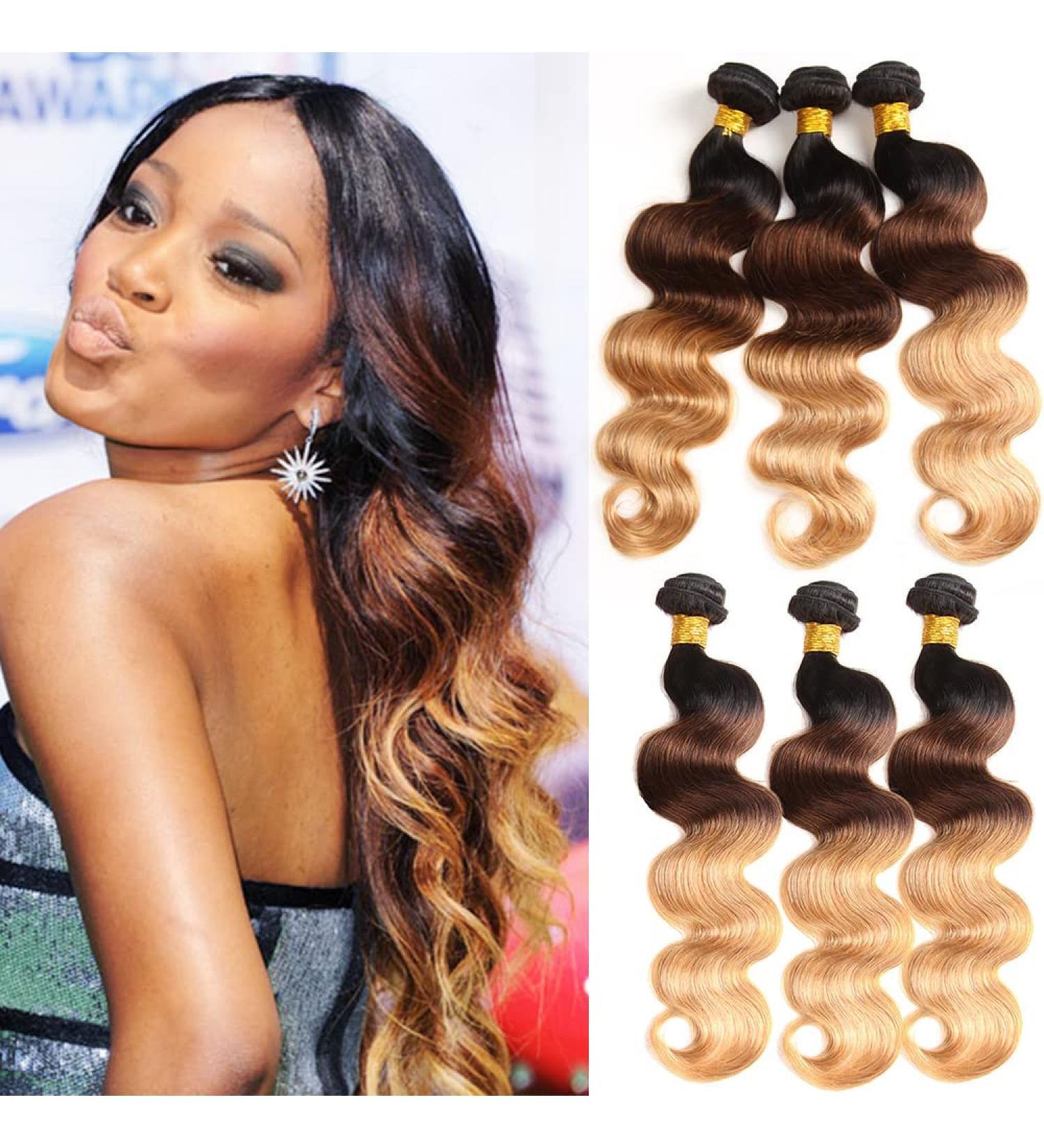 Kapelli Hair 10A Ombre Brazilian Body Wave Hair Bundles, 14 16 18 Inches, T1B/4/27 Three Tone Black to Blonde Virgin Remy Human Hair Weave - Buy Online on GoSupps.com