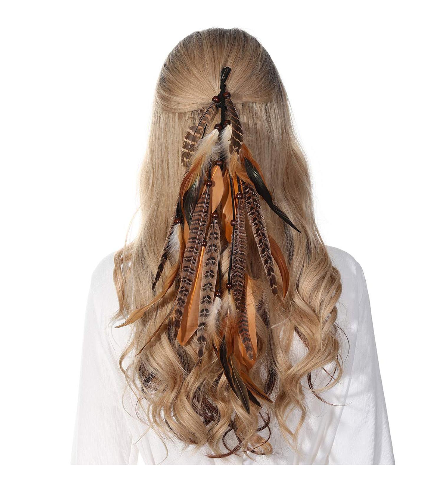 Hippie Feather Hair Extension Clip - Bohemian Headband for Women Festival Headdress (Brown + Pheasant Feather) - Buy Online on GoSupps.com