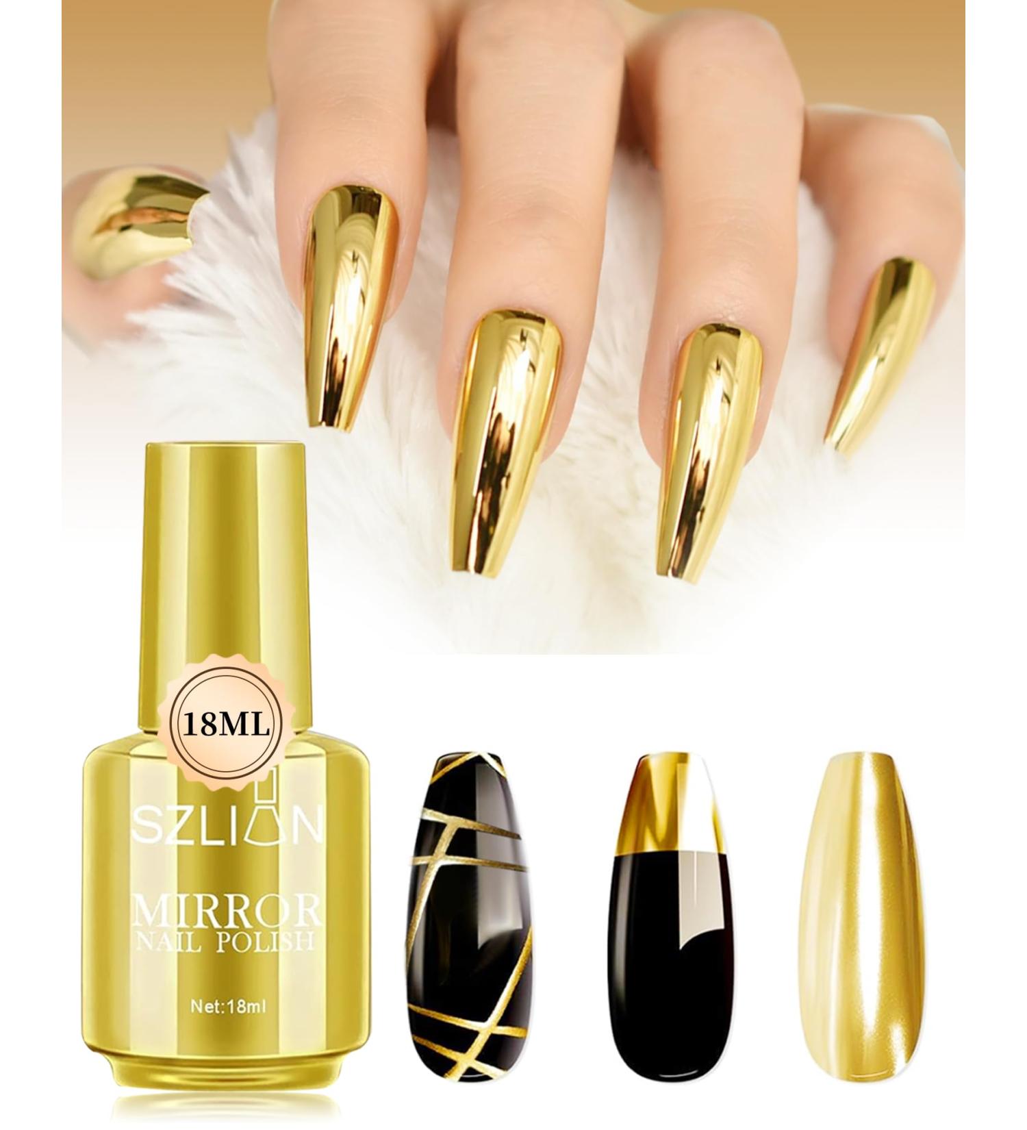 Buy Gold Metallic Gel Glue Polish 18ml - Holographic Chrome Nail Lacquer for Home DIY Manicure - Long Lasting Shine Effect - Buy Online on GoSupps.com