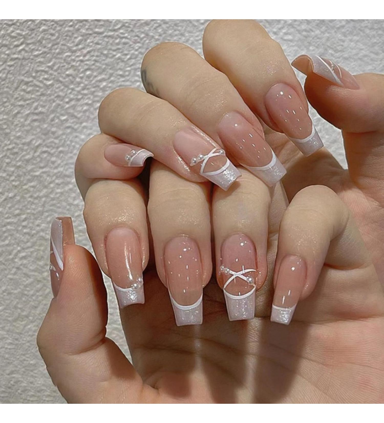 Press On Nails - Shiny White Tip Pearl Nude Medium Coffin French Tip - 24 Reusable Fake Nails for Women and Girls - Buy Online on GoSupps.com