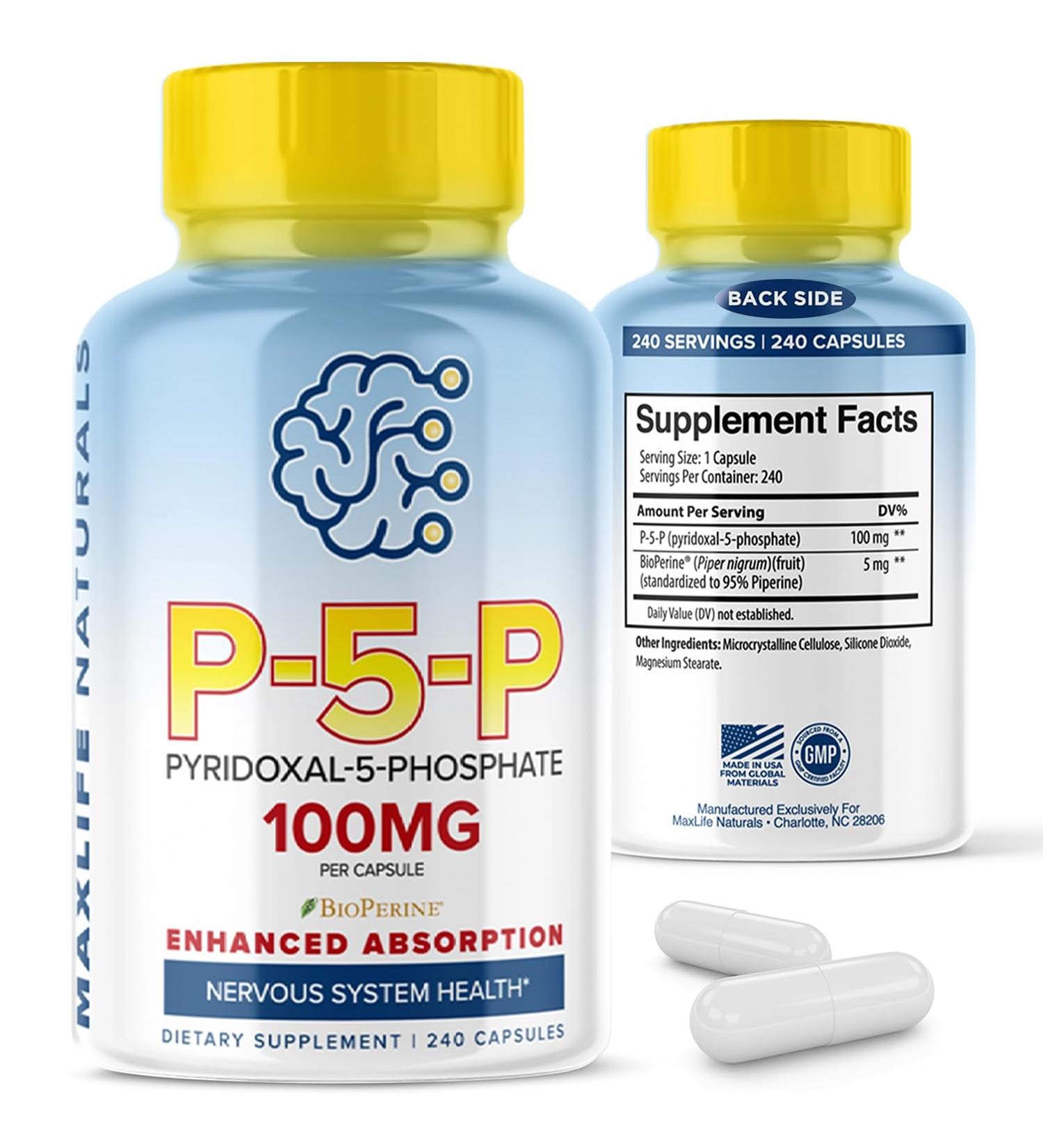 P5P Pyridoxal-5-Phosphate 100mg | Active Vitamin B6 Supplement | High Potency Bioavailable P5P Capsules | Supports Energy, Nerve Health & Amino Acid Metabolism | 240 Easy-to-Swallow Capsules - Buy Online on GoSupps.com