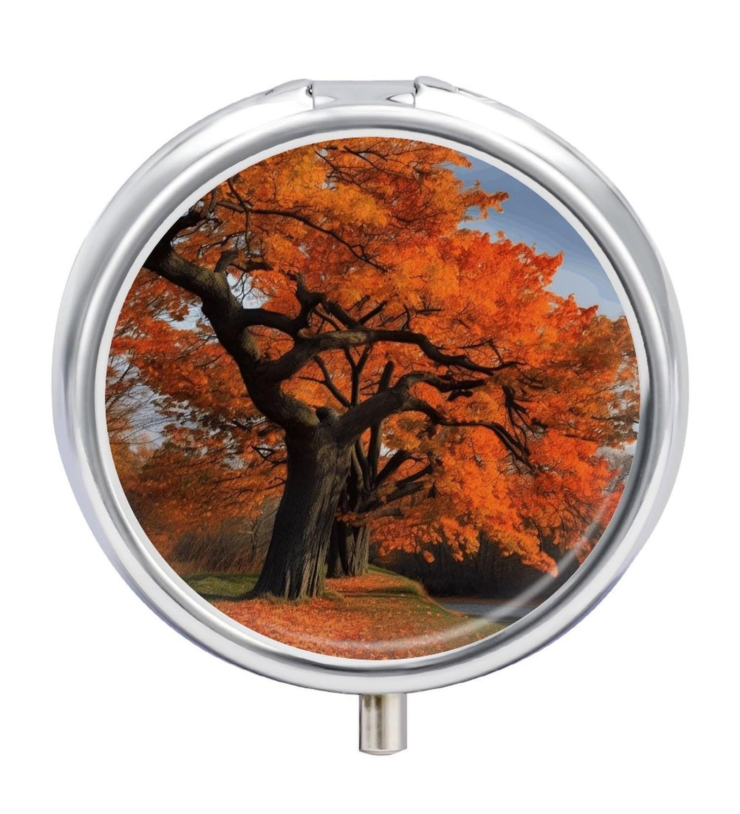 Fall-Themed Round Pill Box | 3 Compartment Metal Organizer - Portable & Decorative Pill Case - Buy Online on GoSupps.com