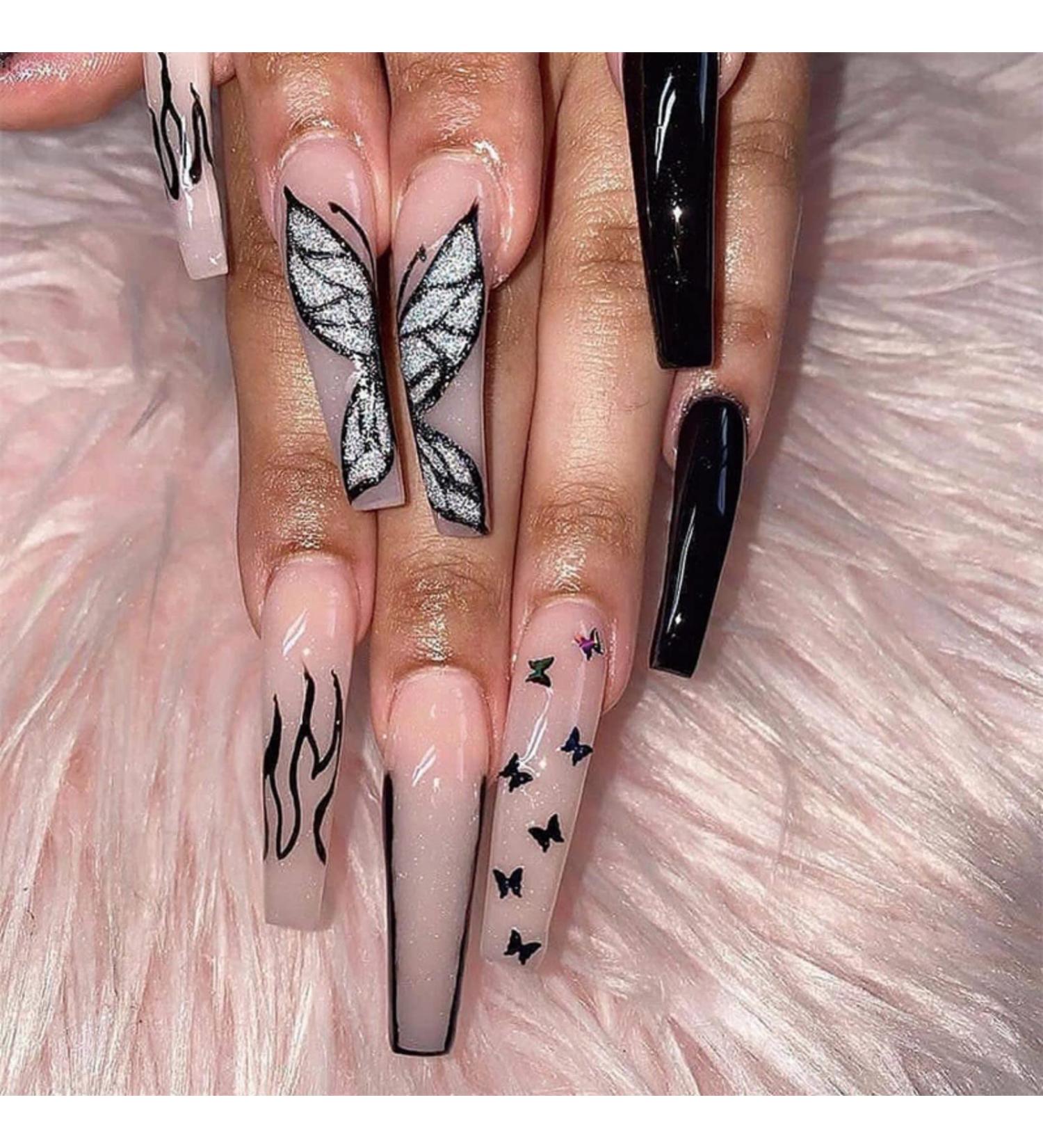 Justotry 24 Pieces Coffin Nails - Black French Press with Butterfly Design | Ballerina Artificial Fingernails for Women - Buy Online on GoSupps.com