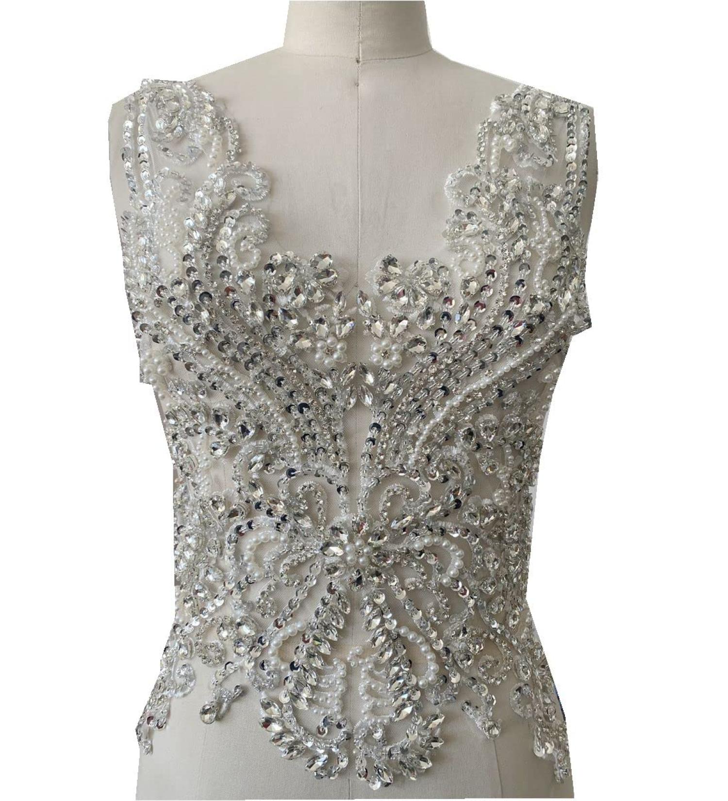 Handmade White Rhinestone Lace Bodice Applique Trim for Dress - 16 Colors, Beads & Sequins Sew-On Patches - Buy Online on GoSupps.com