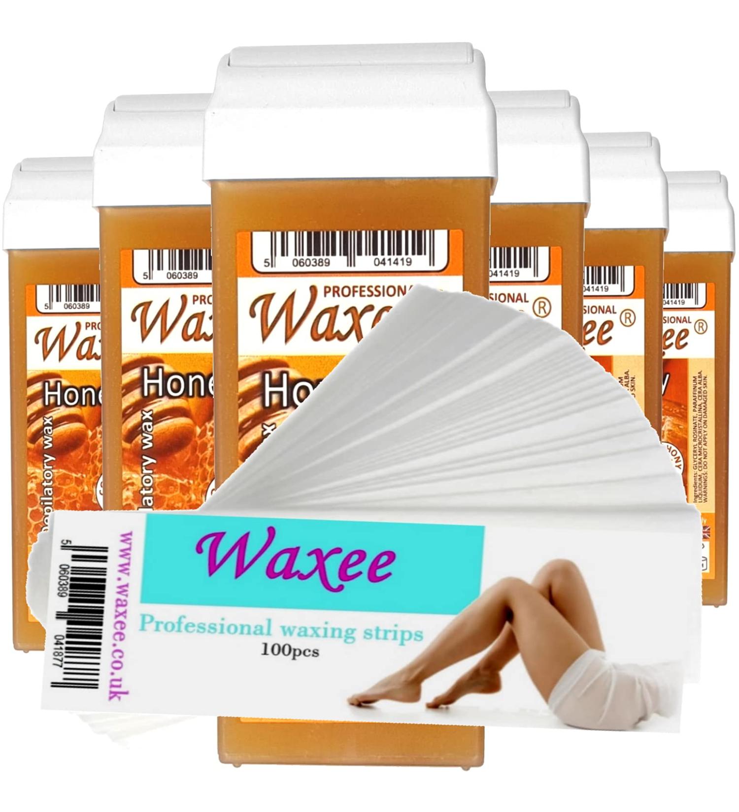 6x 100ml roll on wax roller wax cartridge Honey + 100 strips Body & Leg waxing from UK Brand- Waxee