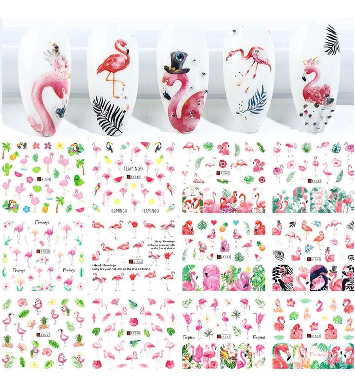 Summer Flamingo and Green Leaf Nail Art Stickers Decals - 12 Sheets - Buy Online on GoSupps.com