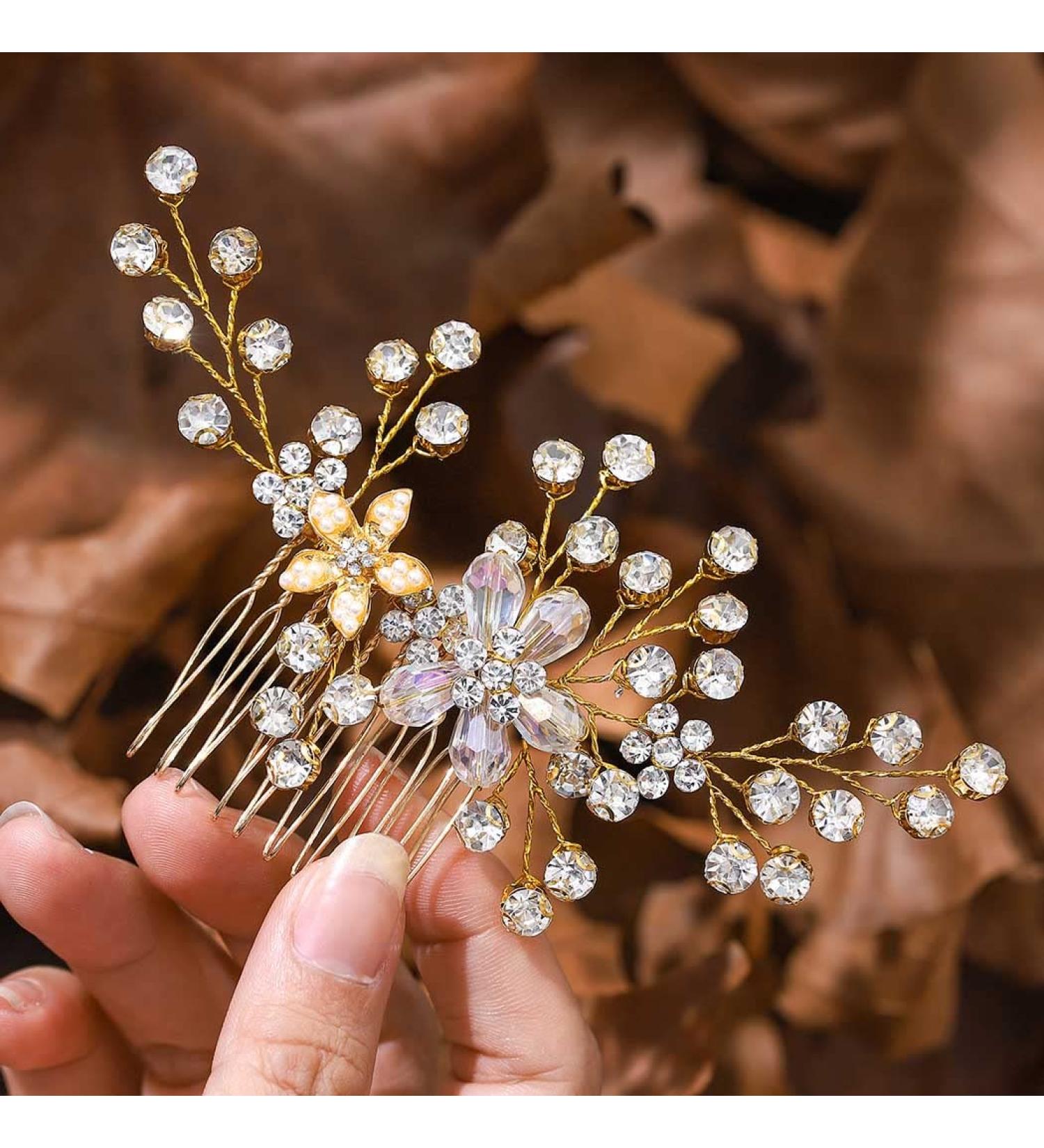 Elegant Gold Glossy Crystal Bridal Hair Crest - Flower & Pearl Hair Accessories for Weddings - Buy Online on GoSupps.com