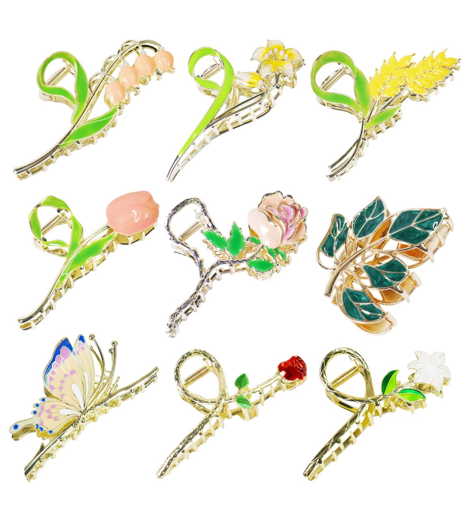 9Pcs Large Cute Flower Hair Claw Clips for Women & Girls | Non-Slip Metal Clips for Thick, Thin, Curly Hair | Tulip, Rose, Butterfly Designs | Perfect Gift Idea | Strong Hold (A) - Buy Online on GoSupps.com