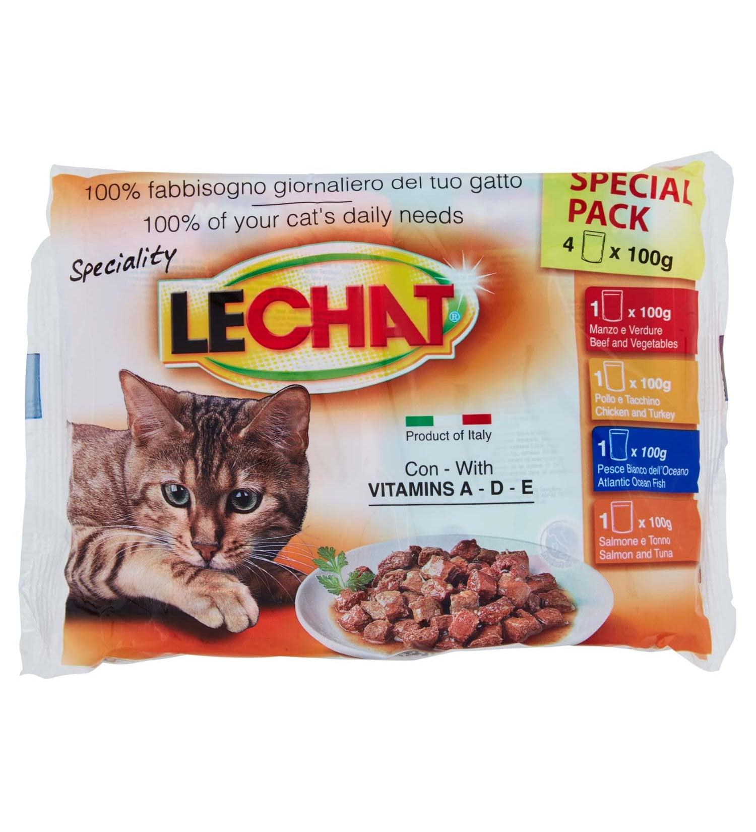 LeChat Special Pack 4 x 100g - Salmon jar with Manzo Chicken White Fish Salmon with vitamins A-D-E to meet 100% of your cat's needs - Buy Online on GoSupps.com