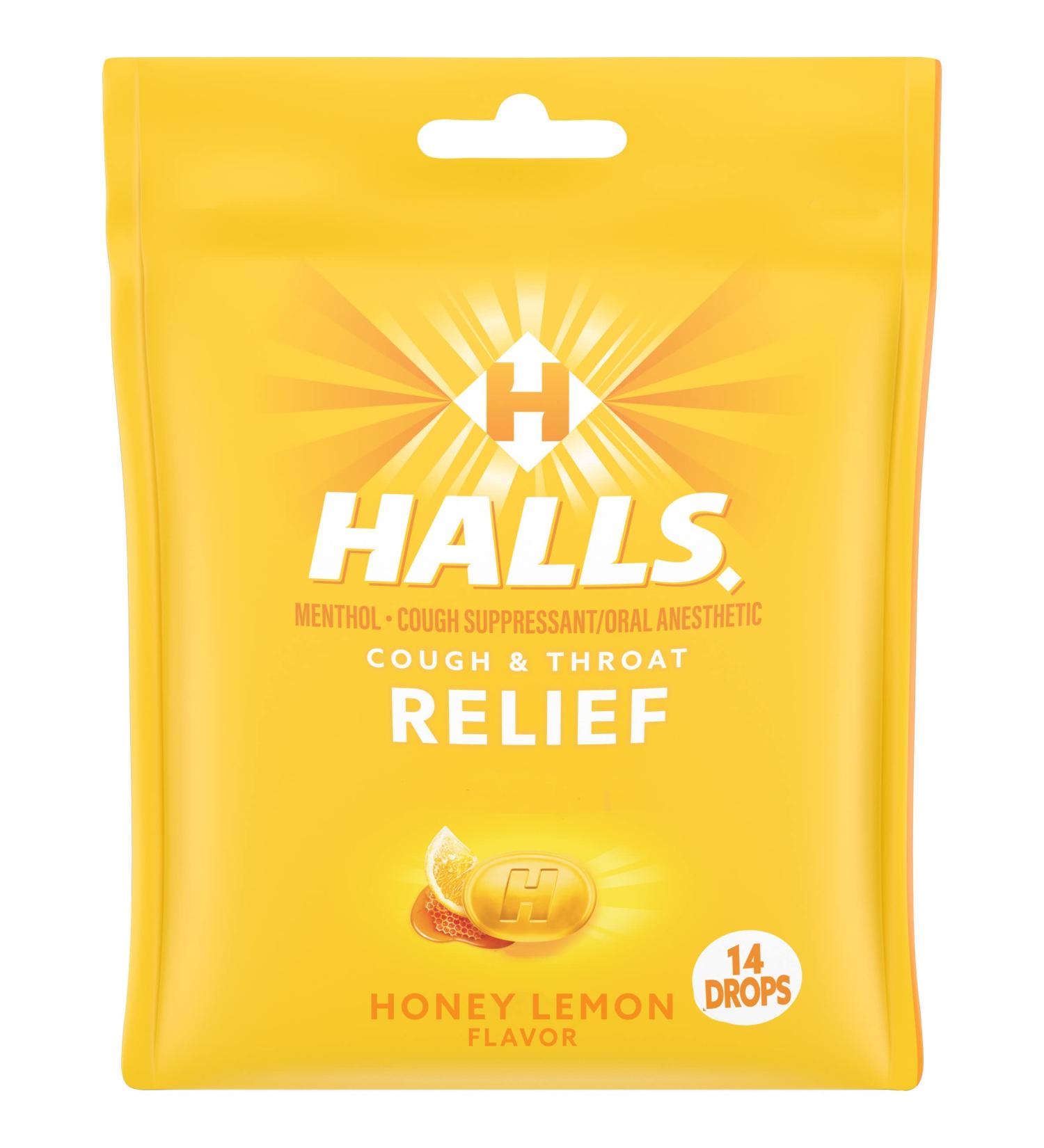 HALLS Relief Honey Lemon Cough Drops - 14 Drops | Fast Shipping Worldwide - Buy Now - Buy Online on GoSupps.com