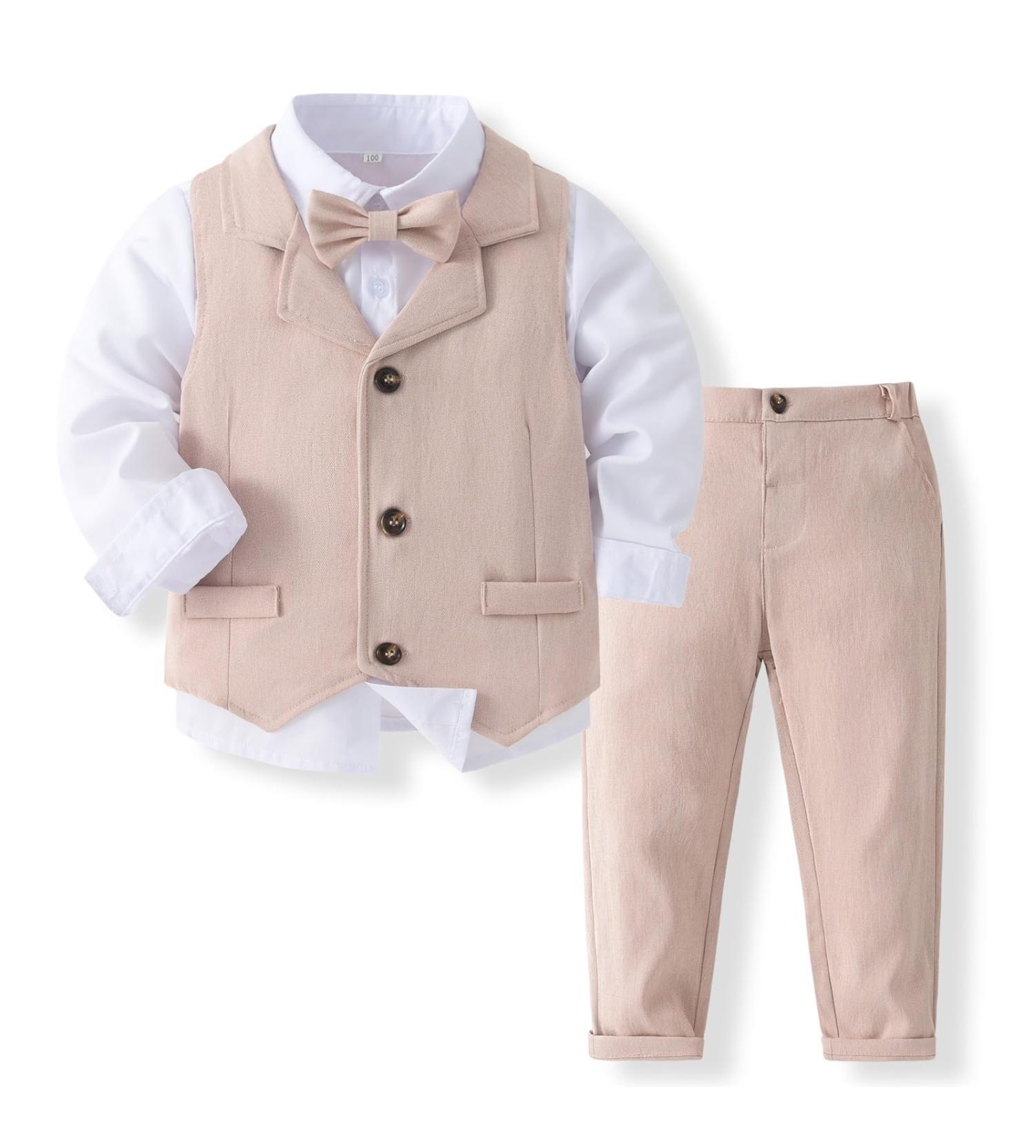 Volunboy Baby Boys Gentleman Suit 4 PCS Set | Formal Waistcoat Outfit Wedding Shirts + Vest + Bow Tie | Linen | 2-3 Years - Buy Online on GoSupps.com