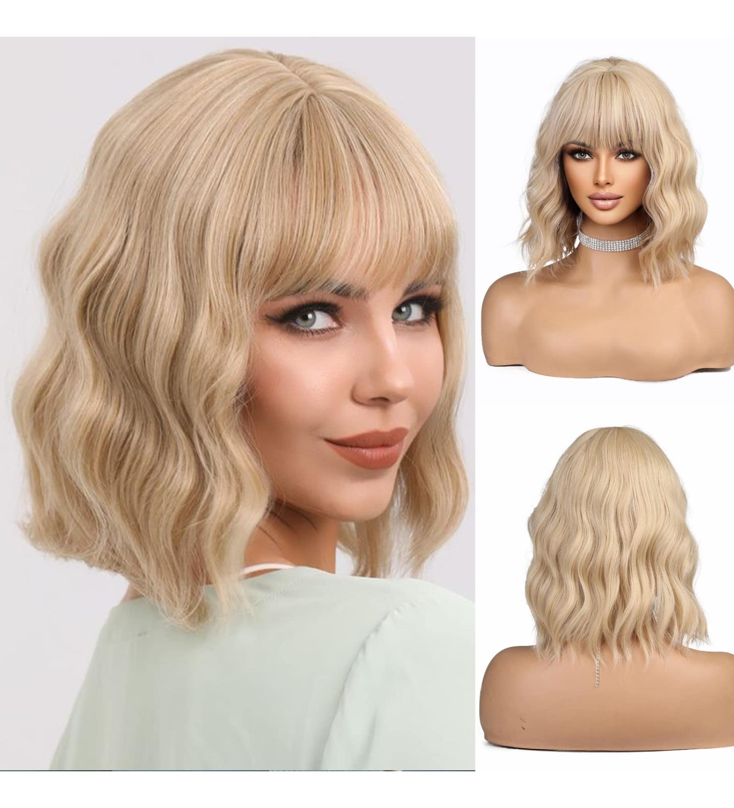 Esmee Short Wave Blonde Bob Wig with Bangs - 12 Inches | Curly Wavy Synthetic Cosplay Wig for Women - Buy Online on GoSupps.com