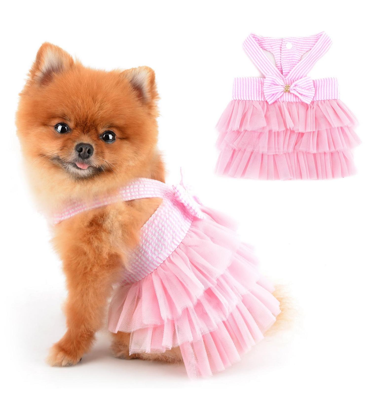 Pink Striped Denim Puppy Dress with Organza Bow and Beads - XS size (Chest 30cm/11.8, Back 20cm/7.9) - Summer Sleeveless Button-Up Dog Apparel - Buy Online on GoSupps.com